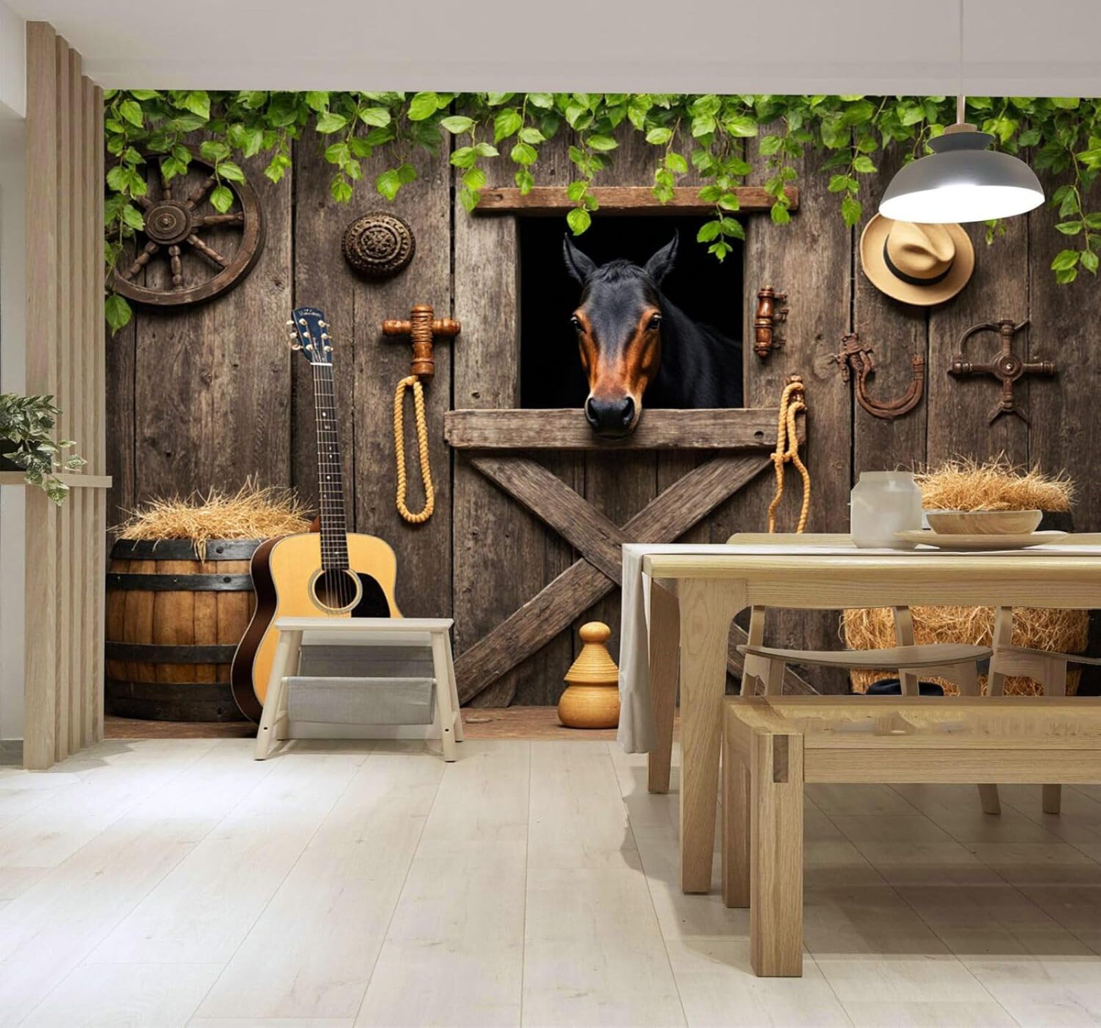 3D Papier Peint Grange De Campagne Guitare Grange En Paille Feuilles Vertes