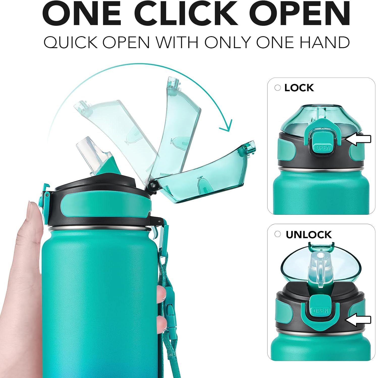 Enerbone 32 oz Insulated Water Bottle, Stainless Steel Bottle with Carrying Strap, Double-Wall Vacuum Insulation Design, Leakproof Sports Bottle with Straw, Keep Drinks Cold or Hot for Hours - Image 3