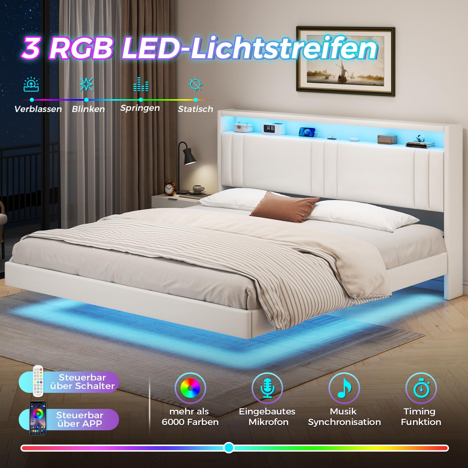 KIMENICH Polsterbett 180x200 cm, Schwebebett, Bettrahmen mit LED-Beleuchtung, Ladestation, Doppelbettgestell, Bettgestell mit Kopfteil, Bett, Schwebender visueller Effekt, für Schlafzimmer, PU Weiß