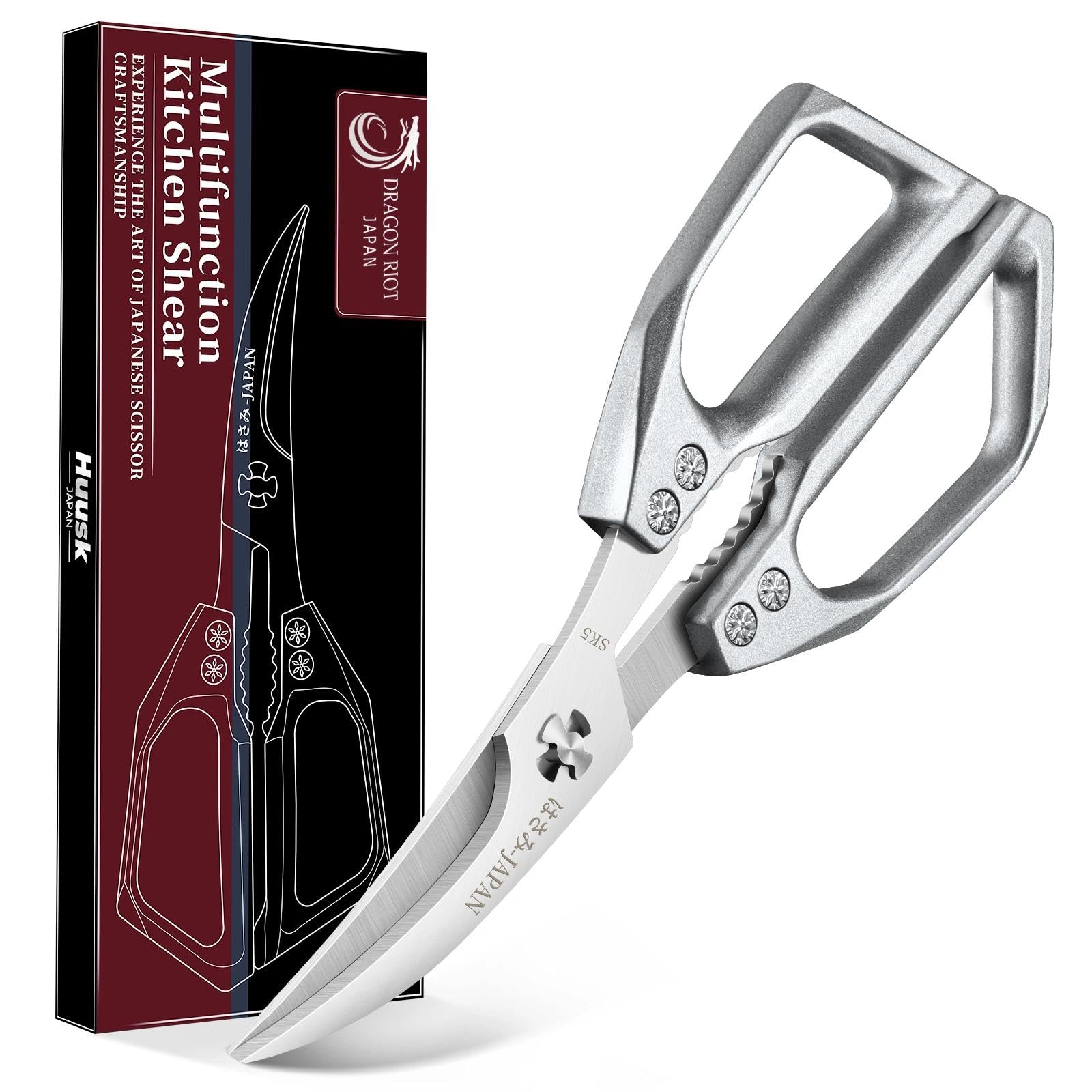 DRAGON RIOT Professional Kitchen Scissors - Heavy Duty Silver Japanese Stainless Steel Poultry Shears, Dishwasher Safe for Easy Cleaning, Effortlessly Cuts Through Crab, Bones and Meat, Gift for Men