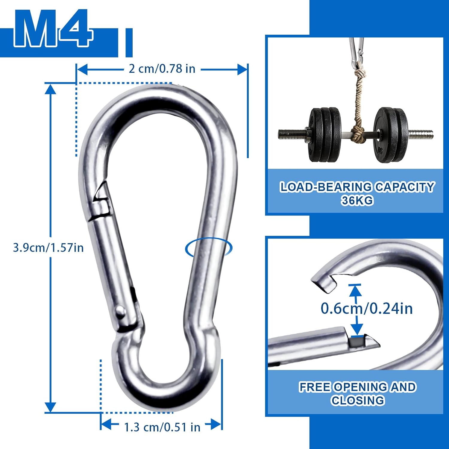 20PCS 304 stainless steel spring clasp 1.57-inch carabiners, M4 stainless steel spring snaps heavy-duty hooks. Suitable for pet tags hiking tents swing brackets as well as ropes, chains and key rings. 1.57 IN 20