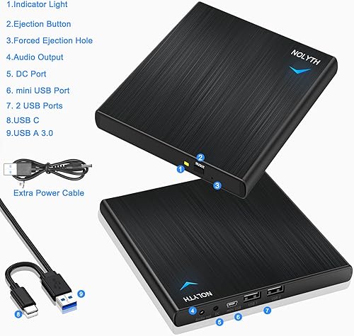 Miniatura 5 de NOLYTH Unidad externa de CD y DVD para computadora portátil: Grabador de CD USB Plug and Play para Mac, MacBook, PC, Windows, portátil con 1 audio y
