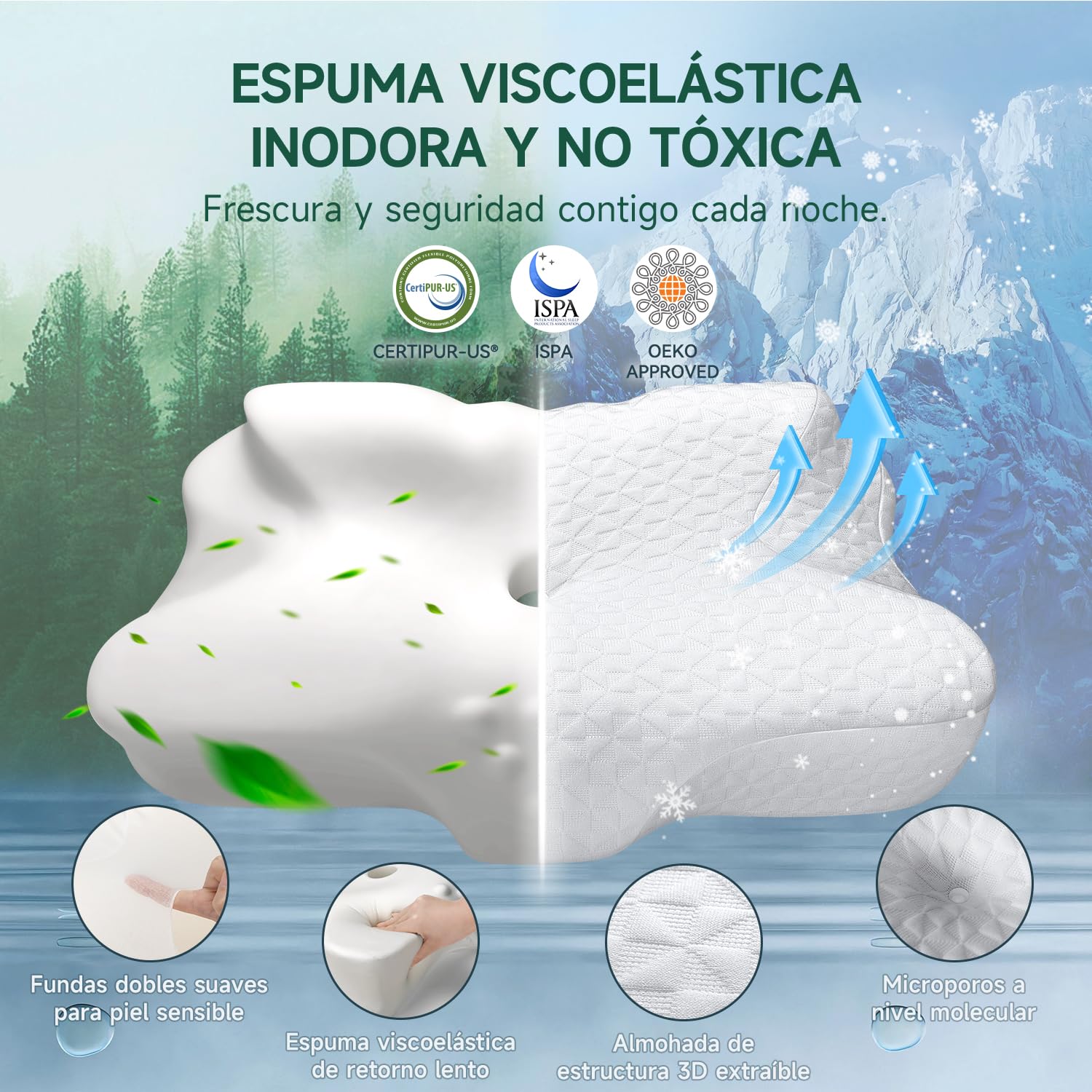 TESQ Almohada Cervical Ergonómica 2 en 1, Almohada de Espuma de Memoria con Altura Ajustable, Ideal para Dormir de Lado y Espalda, Funda Mezcla Nailon Poliéster Lavable, Tamaño 60 x 40 x 9 cm