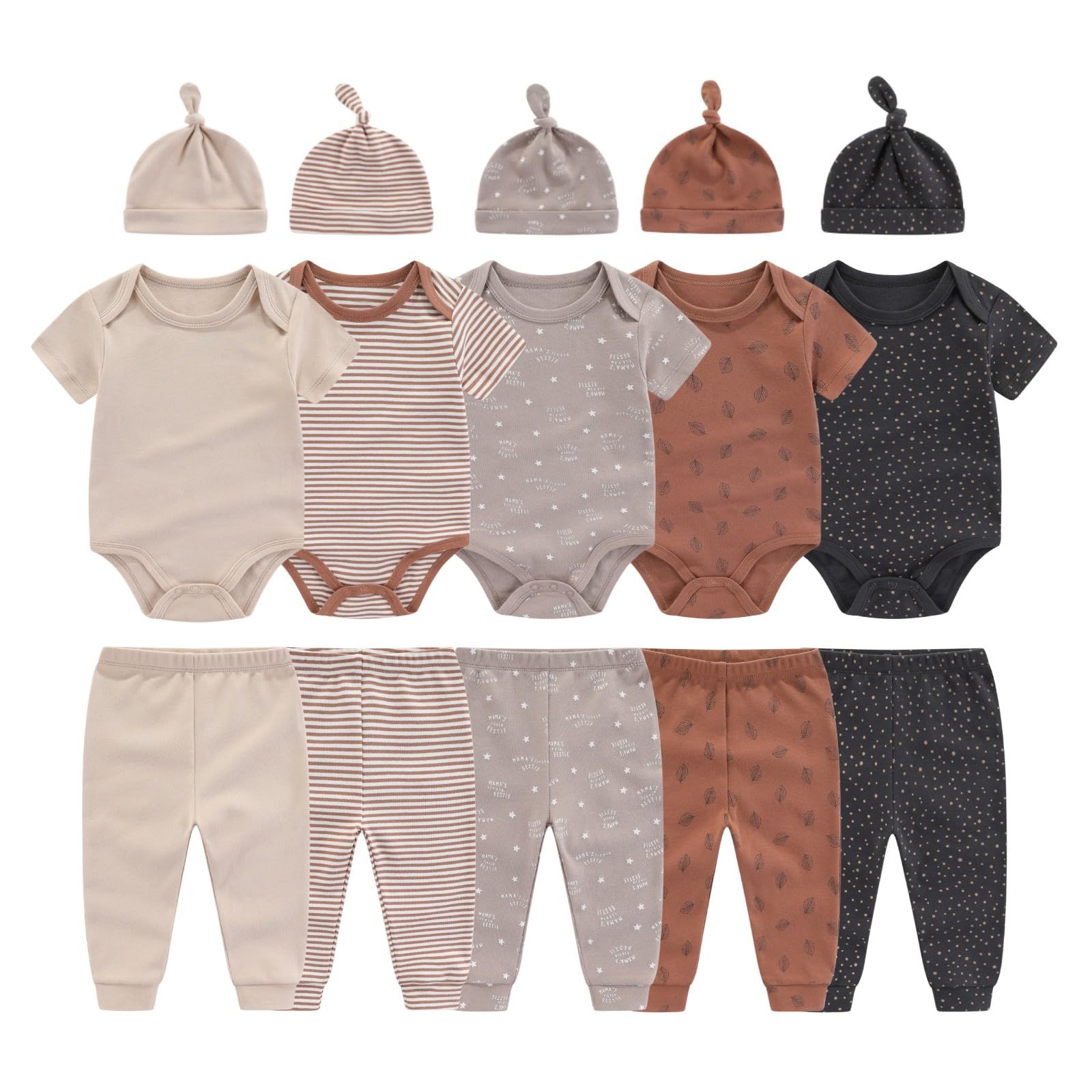 0-12 Months Unisex Baby Pants Sets New born Bodysuit and Hats 15 Pack Boy Girl Infant Comfort Outfit Clothes Brown 6-9 Months