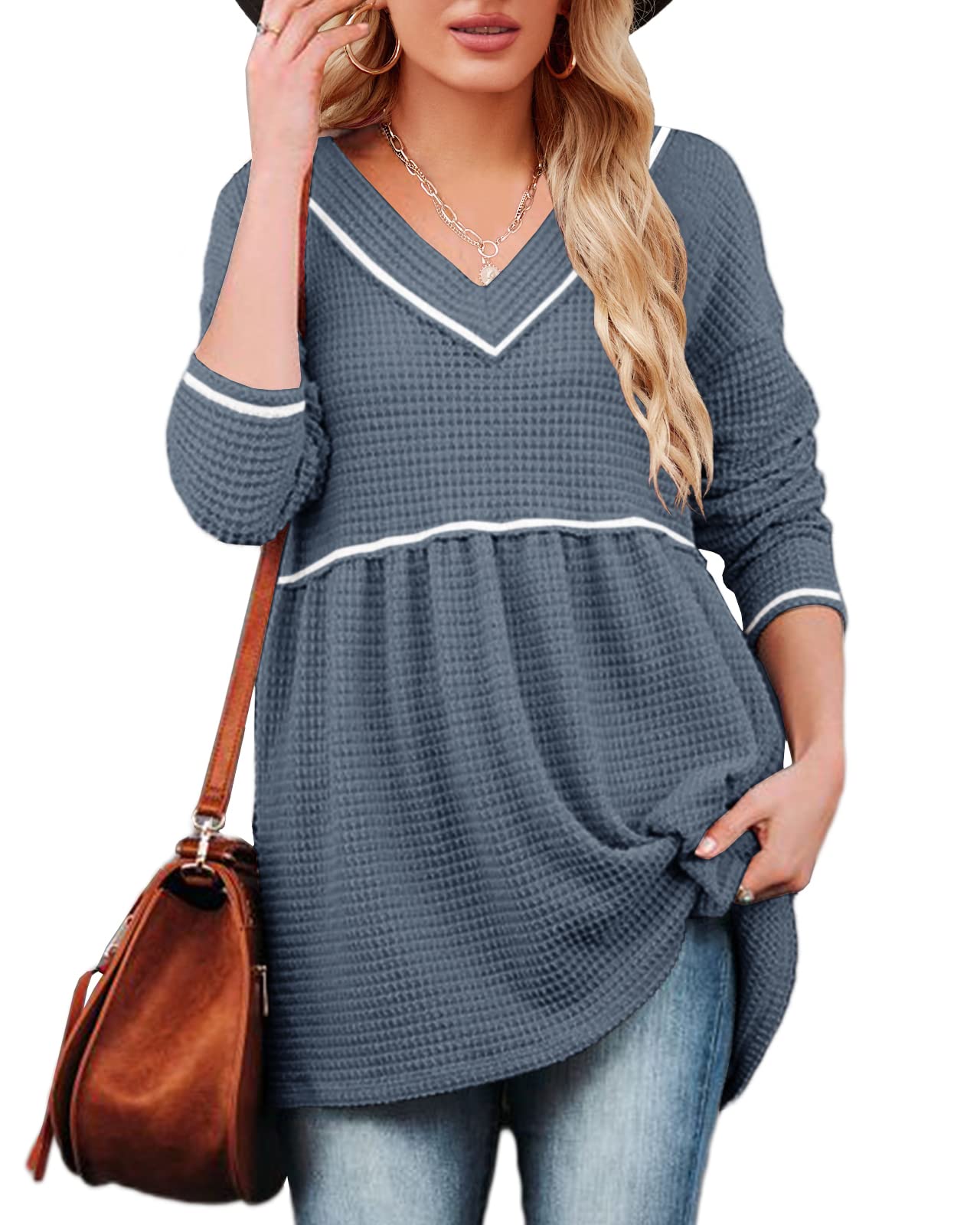 Chang Yun Womens V Neck Waffle Tunic Top Long Sleeve Peplum Pullover Babydoll Casual Flowy Swing Tshirts Pullover Sweaters