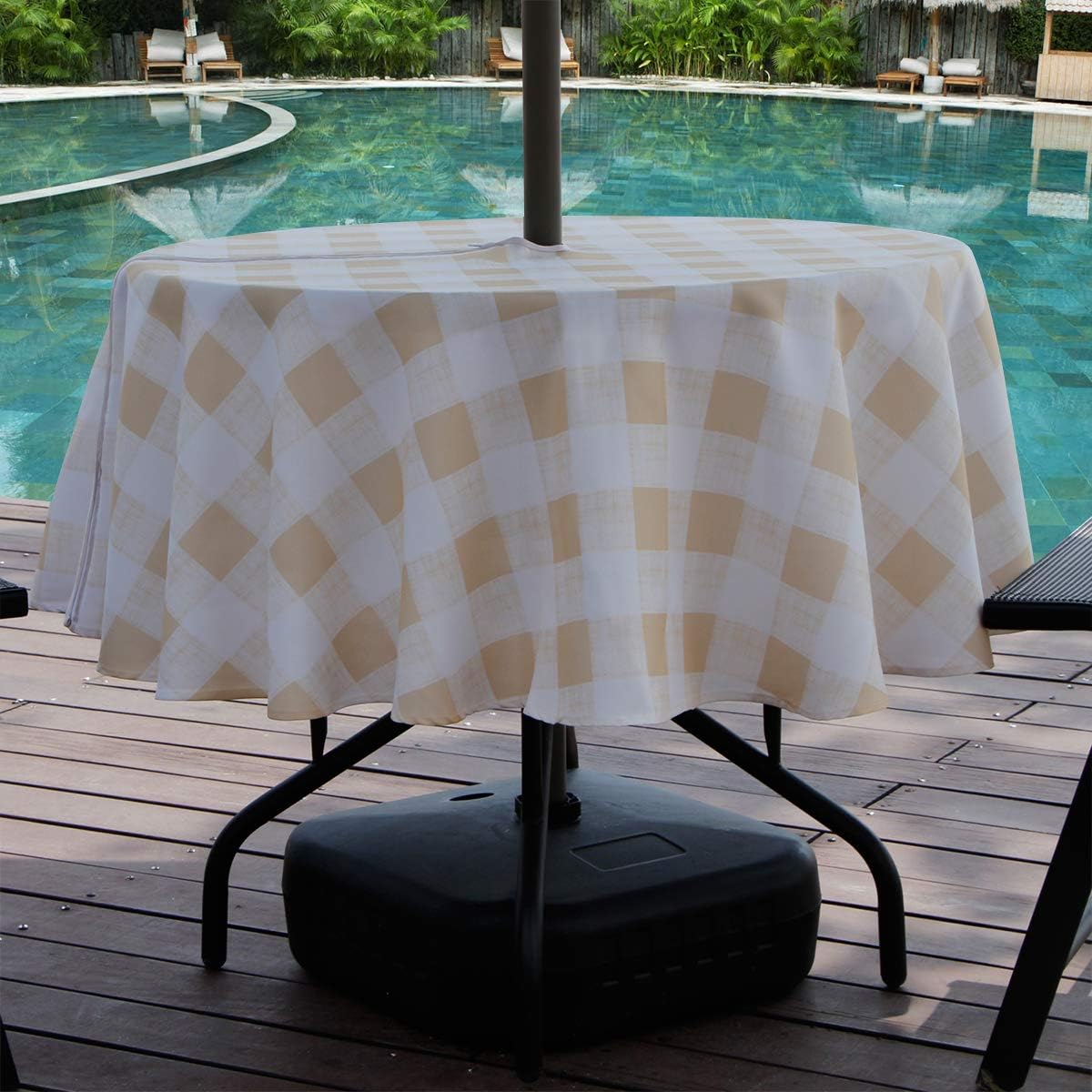 AooHome Summer Outdoor Table Cloth with Zipper and Umbrella Hole, Fabric Spill-Proof Water Resistant Checkered Table Linen Design for Spring BBQs, Machine Washable, Heavy Weight, 60 Inch Round, Beige