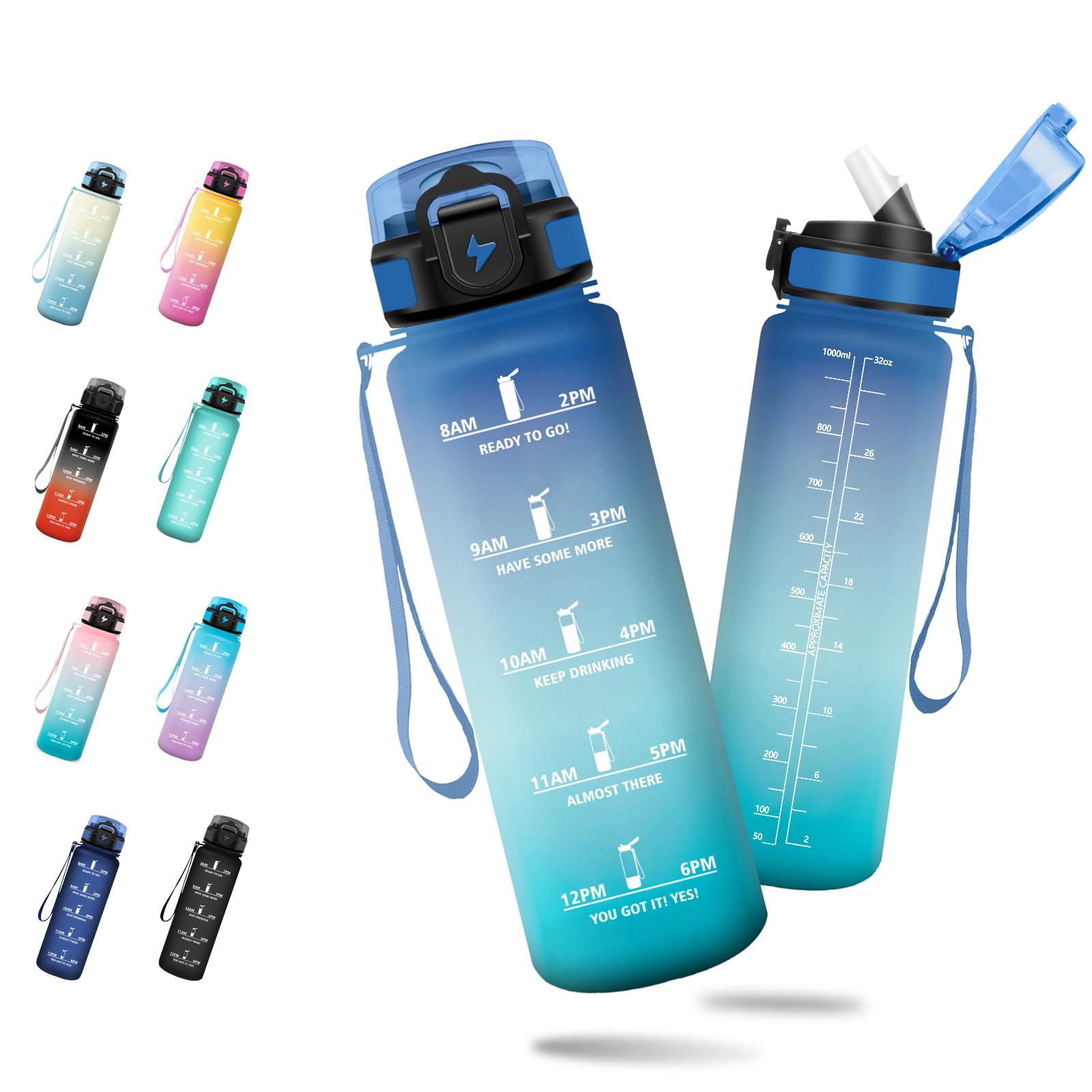 JAPORIA 1L Motivational Water Bottle with Straw, Leak-Proof Sports Water Bottle with Time Indicator, Sports Water Bottles for Camping, Travel, Office, Gym