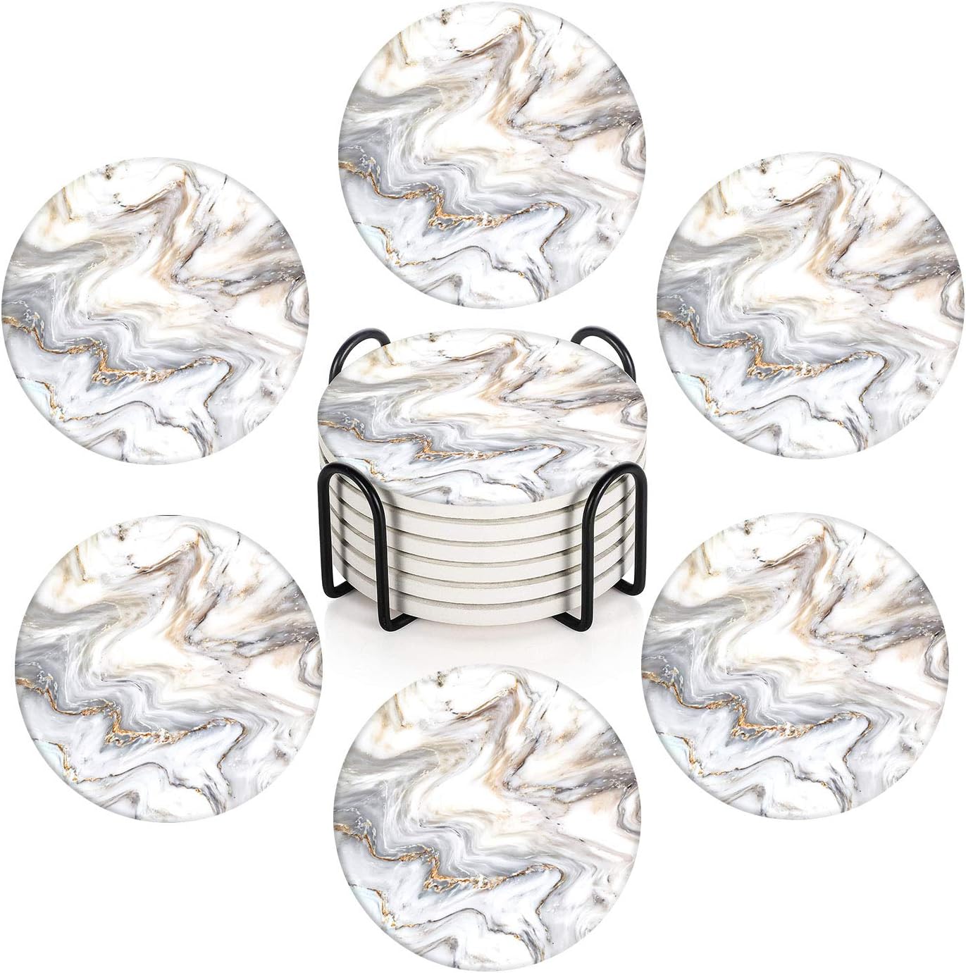 Britimes Coasters for Drinks Absorbent with Metal Holder Stand, Ceramic Stone Coaster Sets of 6, Marble Style Coaster for Coffee Wooden Table, Housewarming Gift White