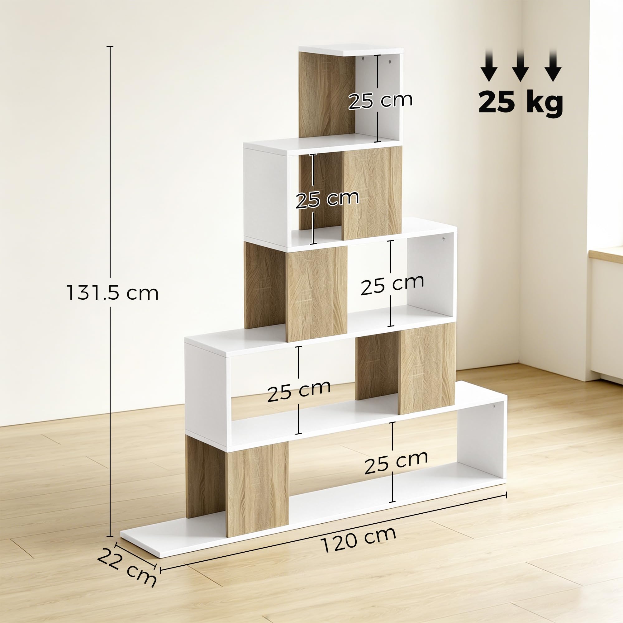 HOMCOM Libreria Cubo, Scaffale a 5 Ripiani con Design a Gradini, Libreria Geometrica per Soggiorno, Studio, Camera da Letto, Bianco e Naturale