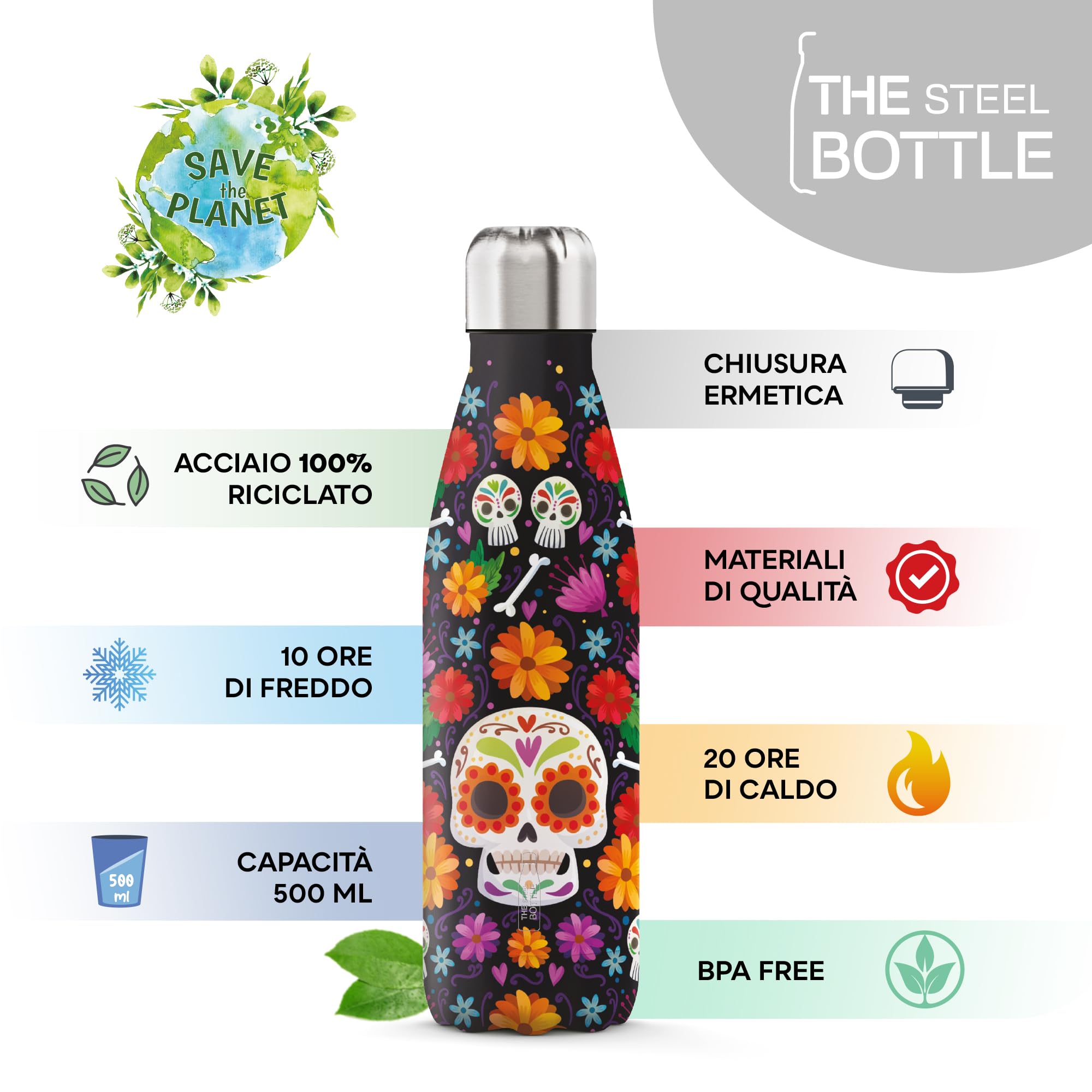 Borraccia Termica Wild Flowers 500ml - Acciaio Inox Doppia Parete, Tappo In Bambù, Design Botanico - Foto 5