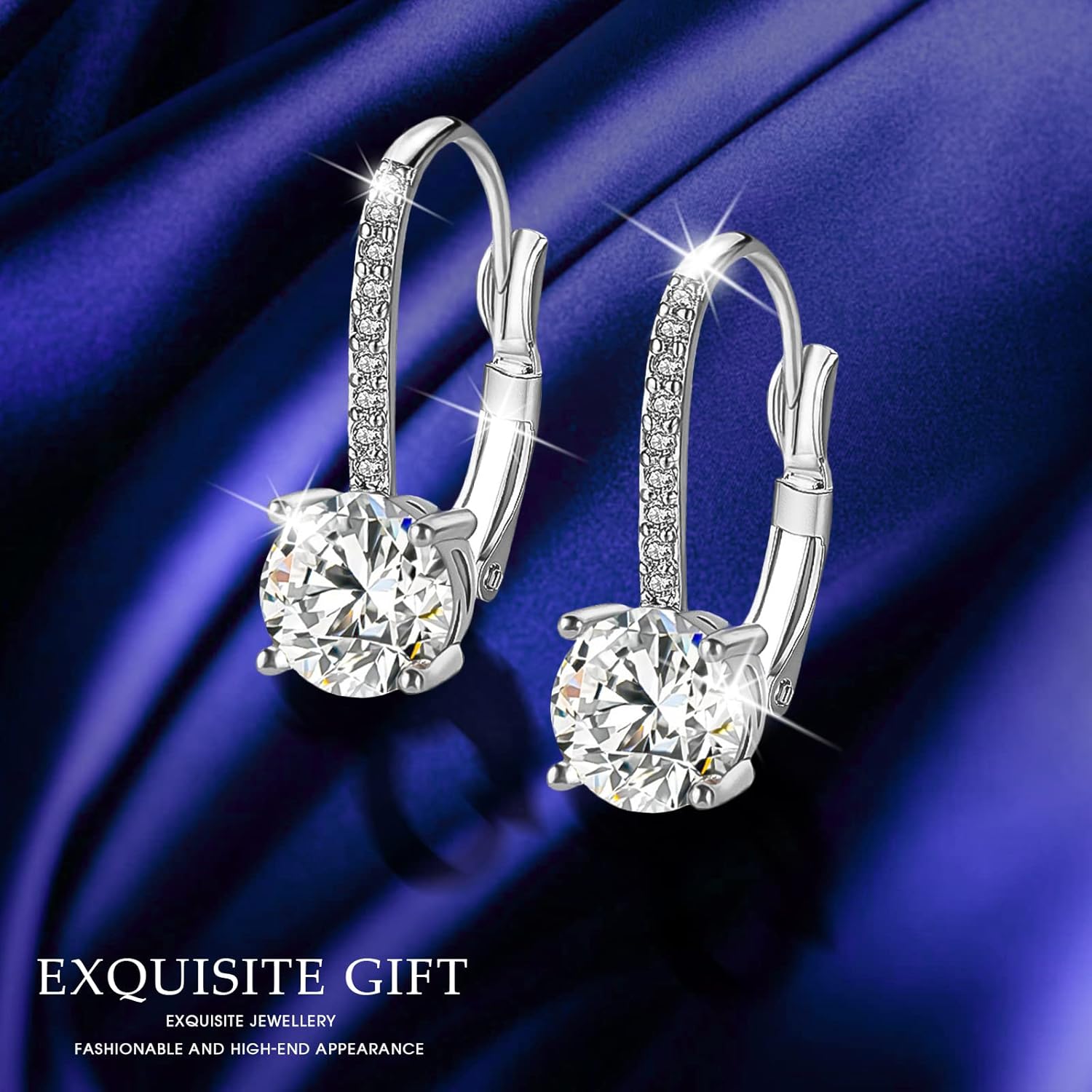 Ladies 1 Carat Diamond Pendant Earrings 18K Gold Plated Cubic Zirconia Hanging Lever Bridal Earrings Girls and Women's Fashion Jewelry