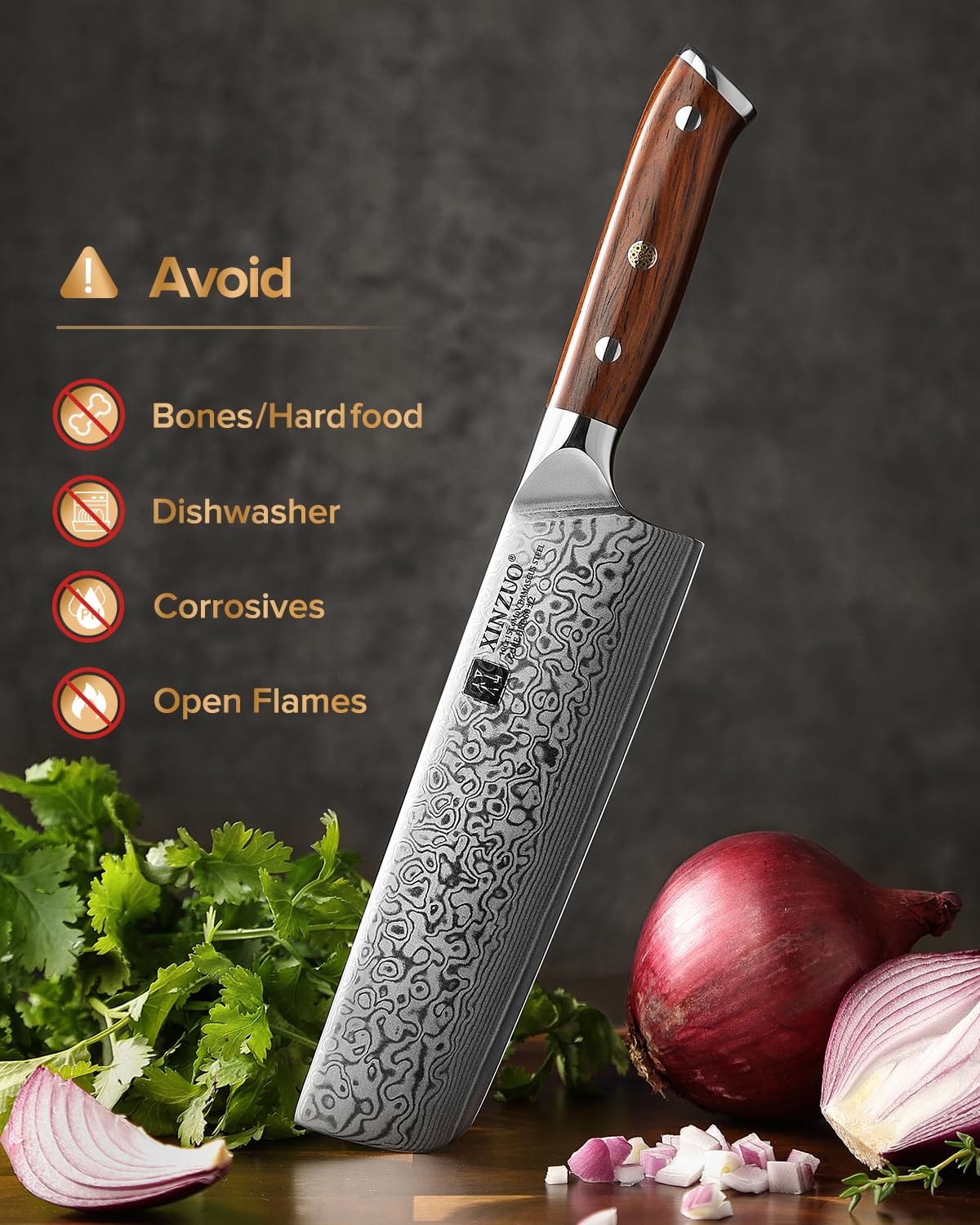 XINZUO 18.5cm Acier Damas Couteau Nakiri, Tranchants Couteaux de Cuisine Acier Damas 67 Couches Couteau de Chef, Convient pour la Viande, les Légumes et les Fruits -Poignée Bois de Rose