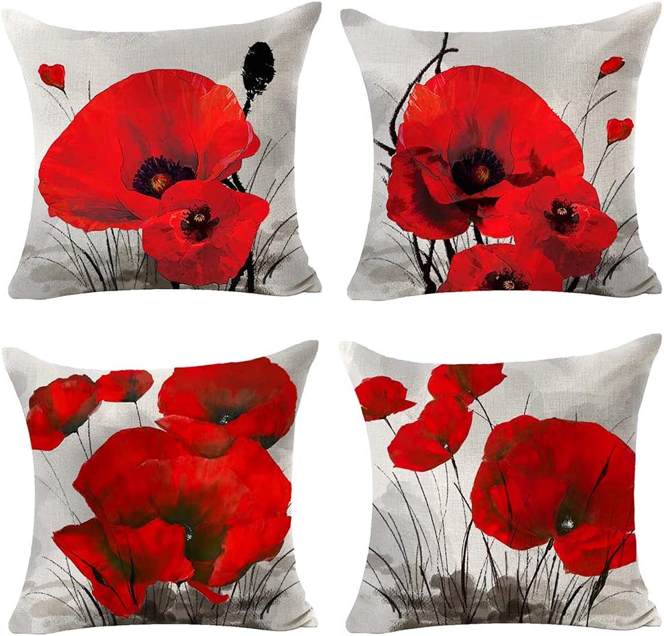 Andreannie Set of 4 Beautiful Charming Retro Watercolor Oil Painting Red Poppy Cotton Linen Throw Pillow Case Cushion Cover New Home Office Indoor Decorative Square 18 X 18 Inches(Garnet)