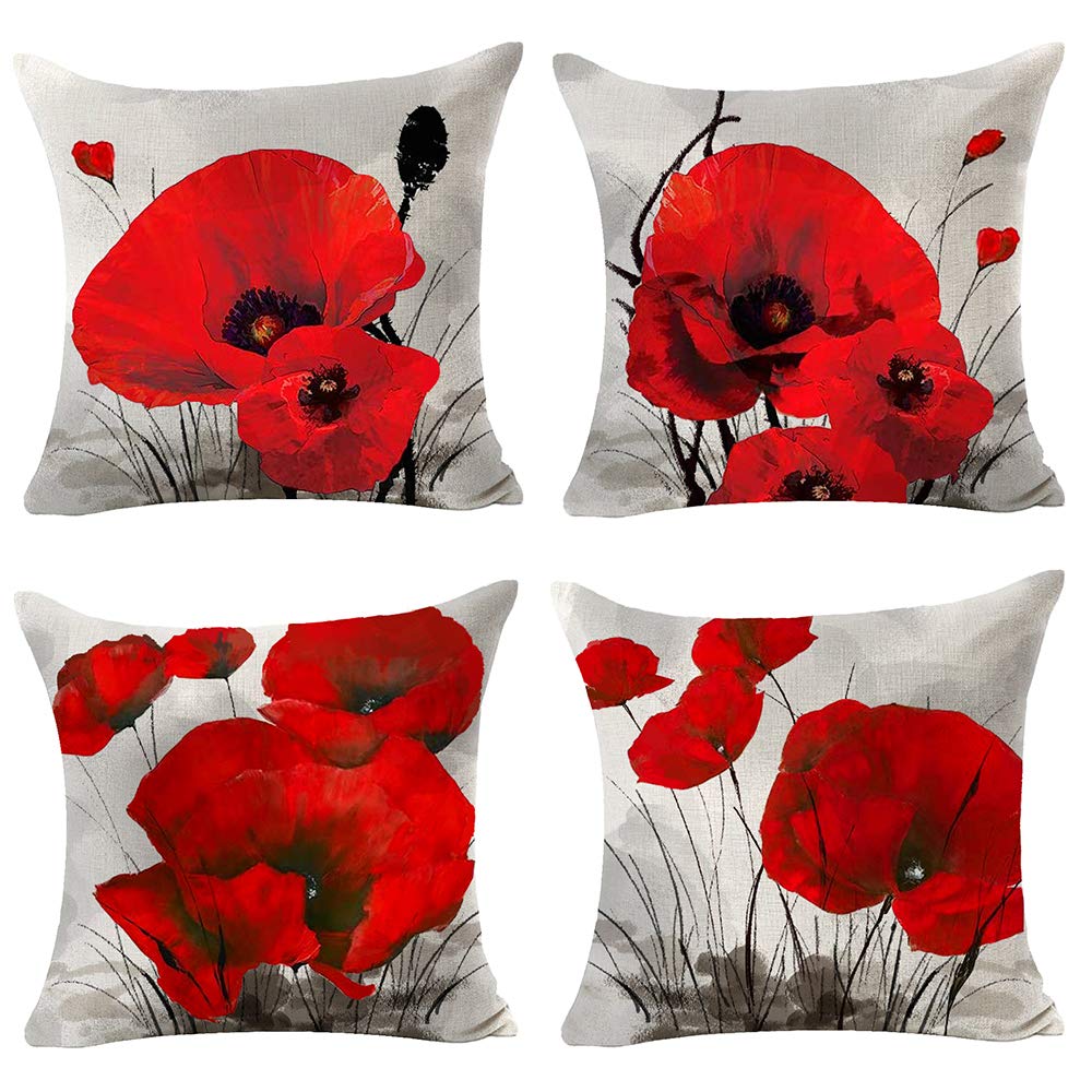 Andreannie Set of 4 Beautiful Charming Retro Watercolor Oil Painting Red Poppy Cotton Linen Throw Pillow Case Cushion Cover New Home Office Indoor Decorative Square 18 X 18 Inches(Garnet)