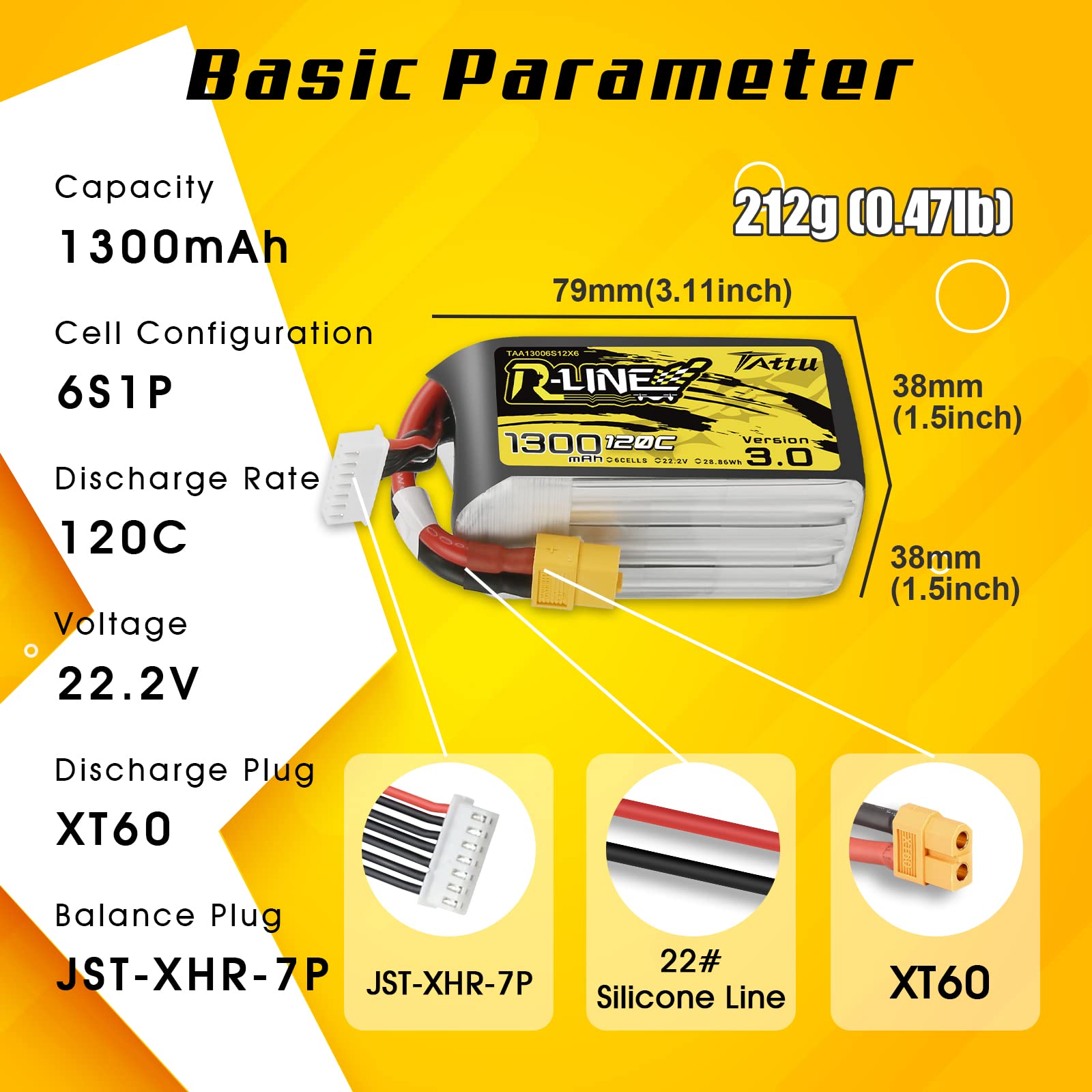 Tattu Lipo 6S RC Akku 22.2 V 1300 mAh 120C Softcase XT60 Akku mit XT60 Stecker für RC Car Boat Truck Truggy RC Hobby