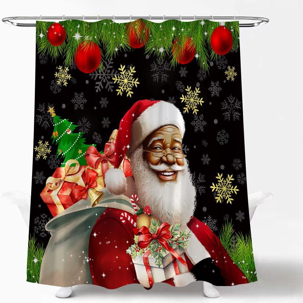 African American Black Santa Claus Shower Curtain Retro Kind Old Man Merry Christmas Xmas Ball Gift Snowflakes Winter Happy New Year Fabric Bathroom Curtain Set with Hook