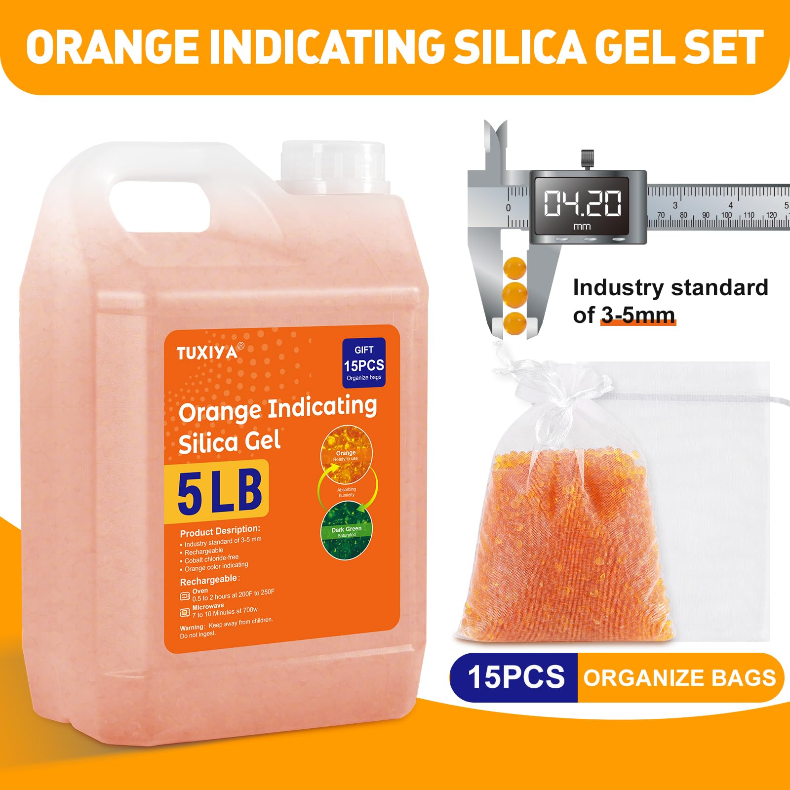 TUXIYA 5 LBS Orange Indicating Silica Gel Desiccant Beads Reusable — Amazon image 2