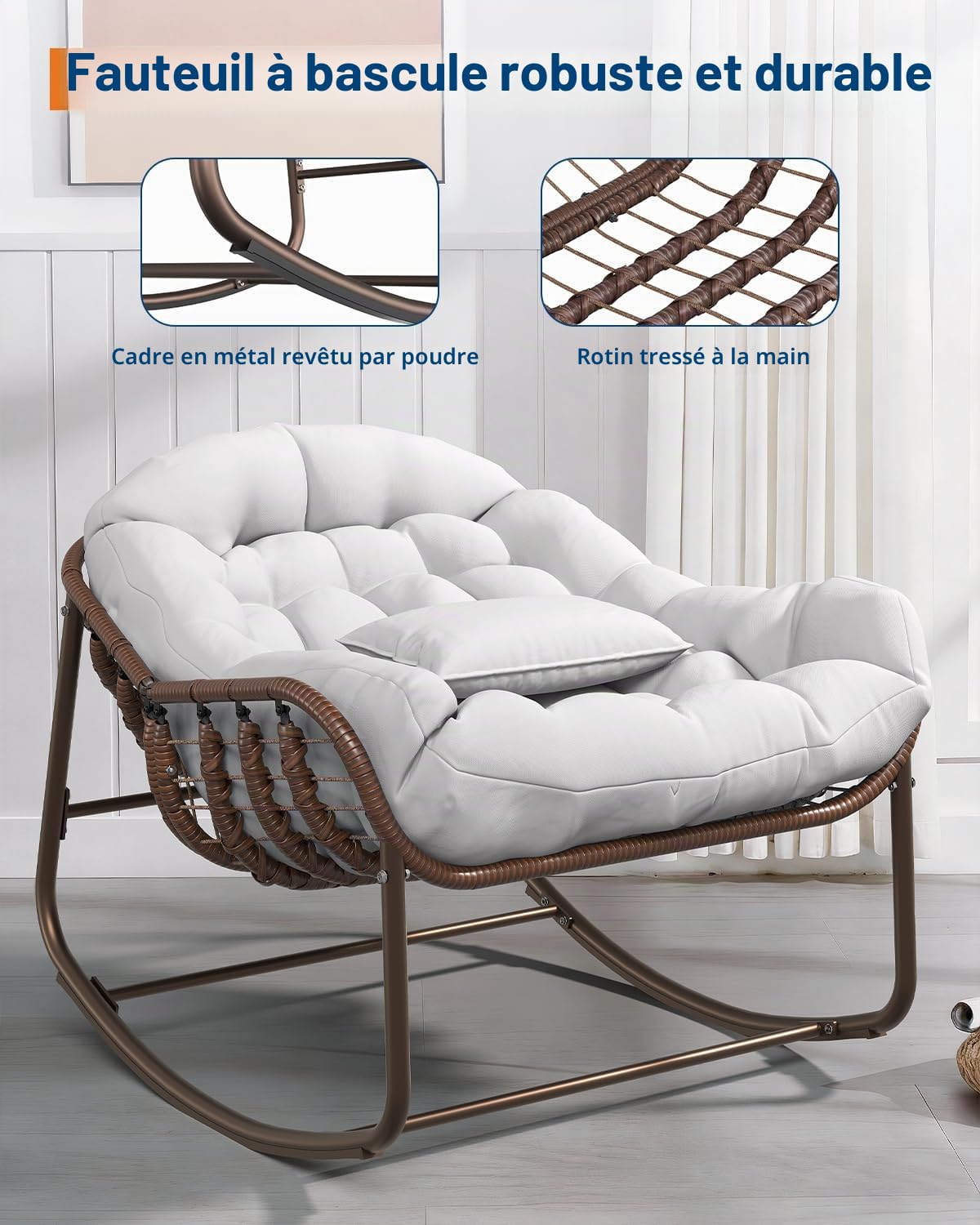 Garvee Fauteuil à Bascule Exterieur, Structure Acier pour Salon Patio Blanc