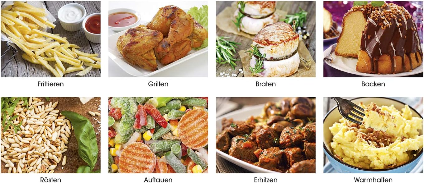 Collage of various foods cooked in an air fryer, including fries, chicken, roasted vegetables, and cake