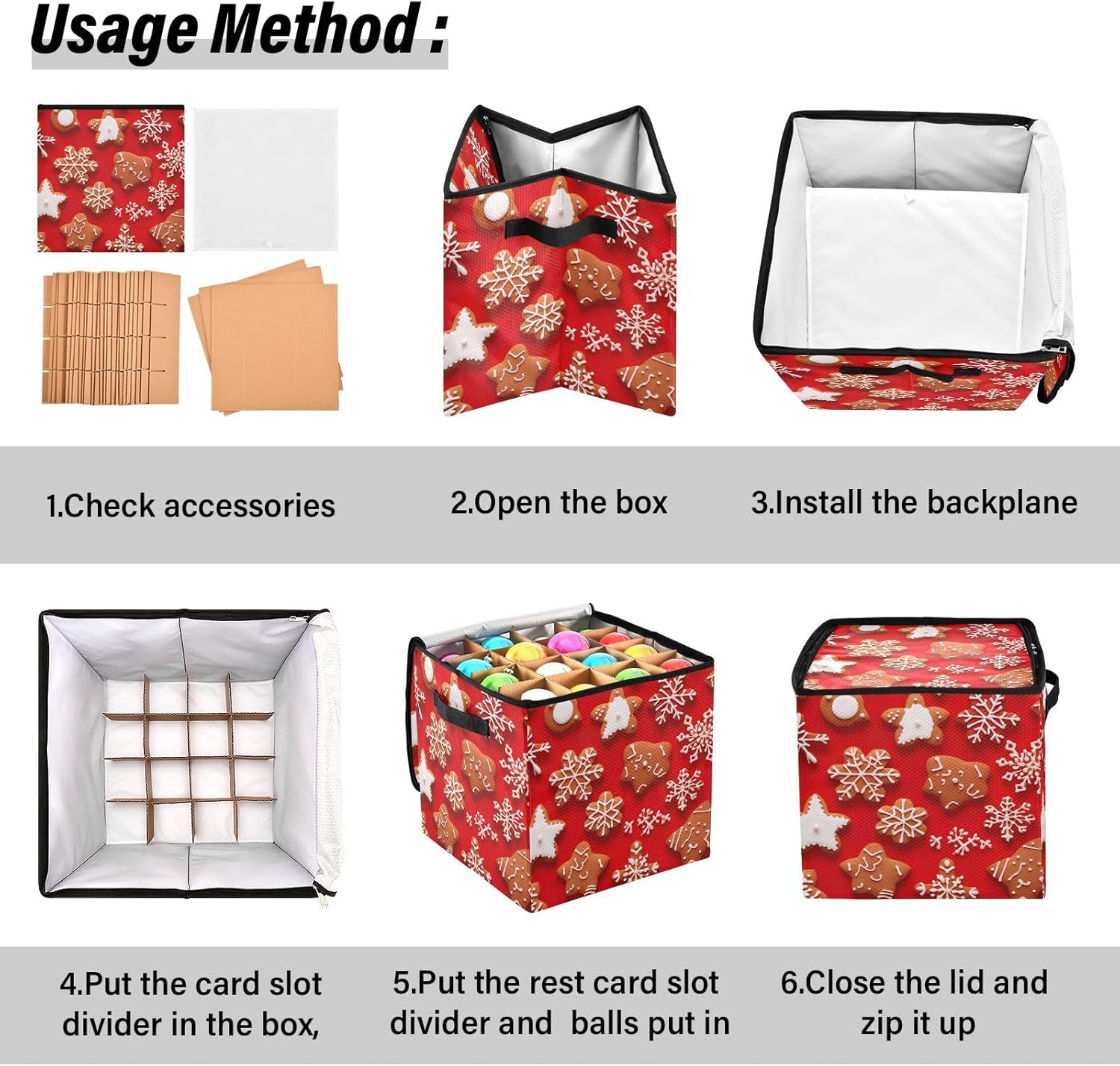 Christmas Snowflake Gingerbread Christmas Ornament Storage Box for Next Season Holiday Decorations Storage Container with Adjustable Dividers & Lid Collapsible Storage Boxes for Decor Ornaments Balls