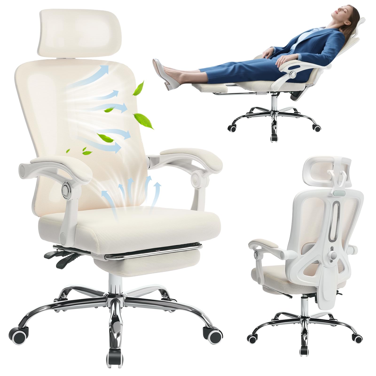Chaise De Bureau Ergonomique, Chaise en Maille Haute Respirante avec Appui-Tête, Support Lombaire Réglable à 90°-135°, Repose-Pieds Rétractable Et Pivotant à 360° pour La Maison Et Bureau