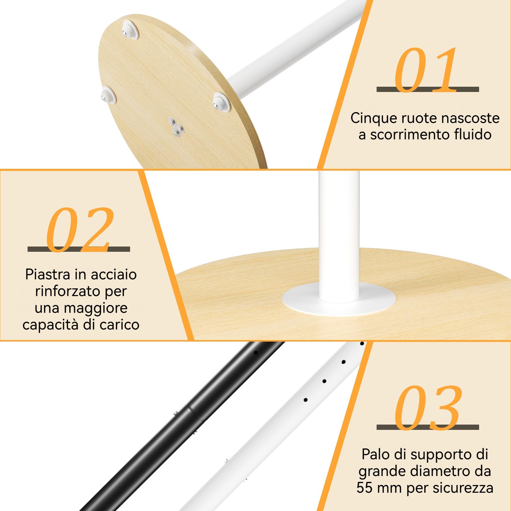 Supporto TV da Pavimento con Ruote Nascoste Legno Base per 40-75 Pollici Peso Max 50kg Max VESA 600x400mm, Regolabile in Altezza, Bianco