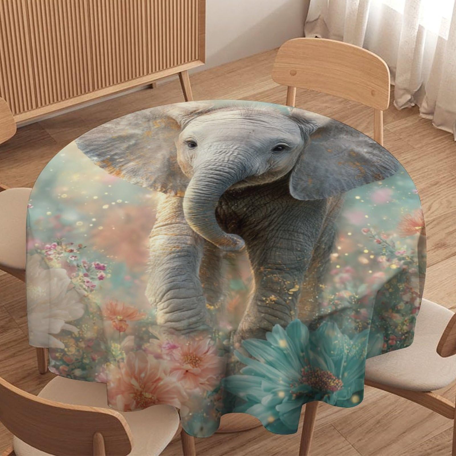 LUYYSKY Cute Realistic Baby Elephant Round Tablecloth Fantasy Painting Art Garden African Animal Elephant Floral Washable Decor for Table Cover for Kitchen-177.8" Wx177.8 L cm