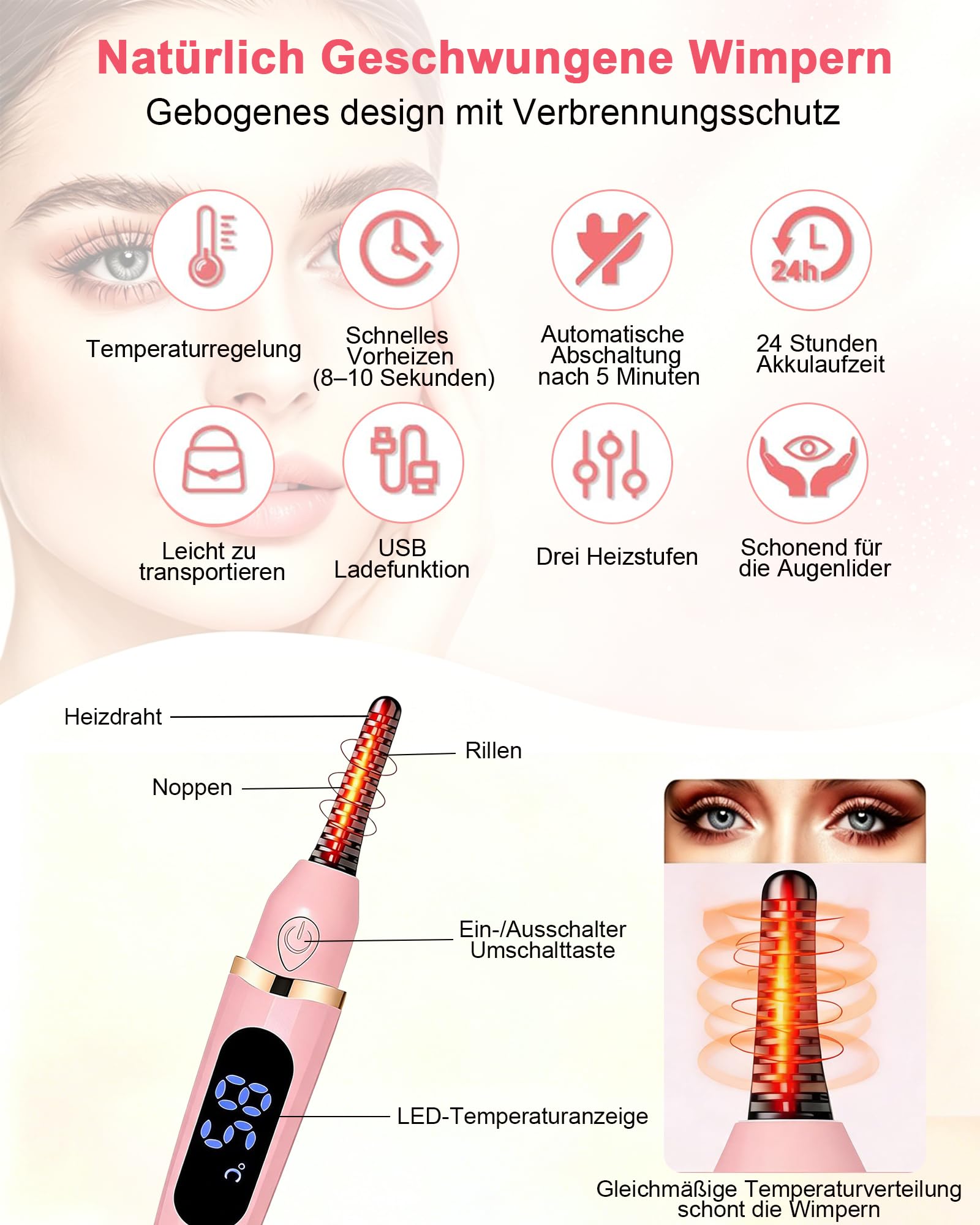 Wimpernzange Beheizbar, Beheizbare Wimpernzange USB Wiederaufladbar, Wimpern Curler Elektrisch 3 Einstellbare Temperaturstufen Schnellaufheizung in 10 Sekunden für Alle Wimpern Geeignet -Rosa