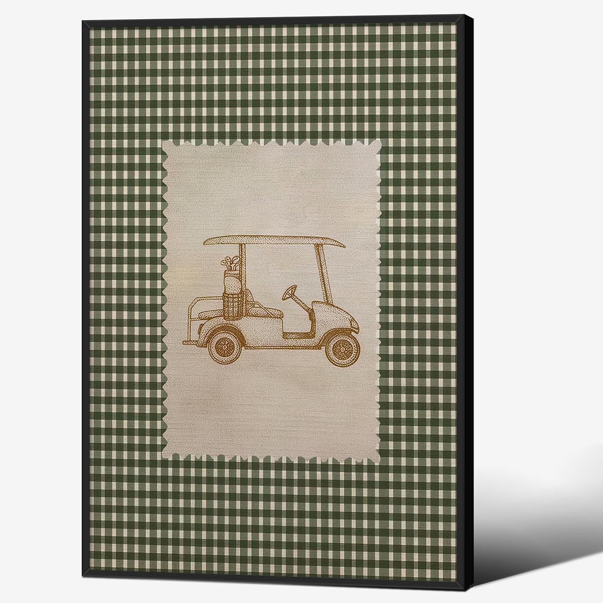 Golf Cart Wall Art Vintage Sports Canvas Poster Minimalist Rustic Green Gingham Prints 16X24 inch Black Framed for Aesthetic Nursery Room Wall Decor
