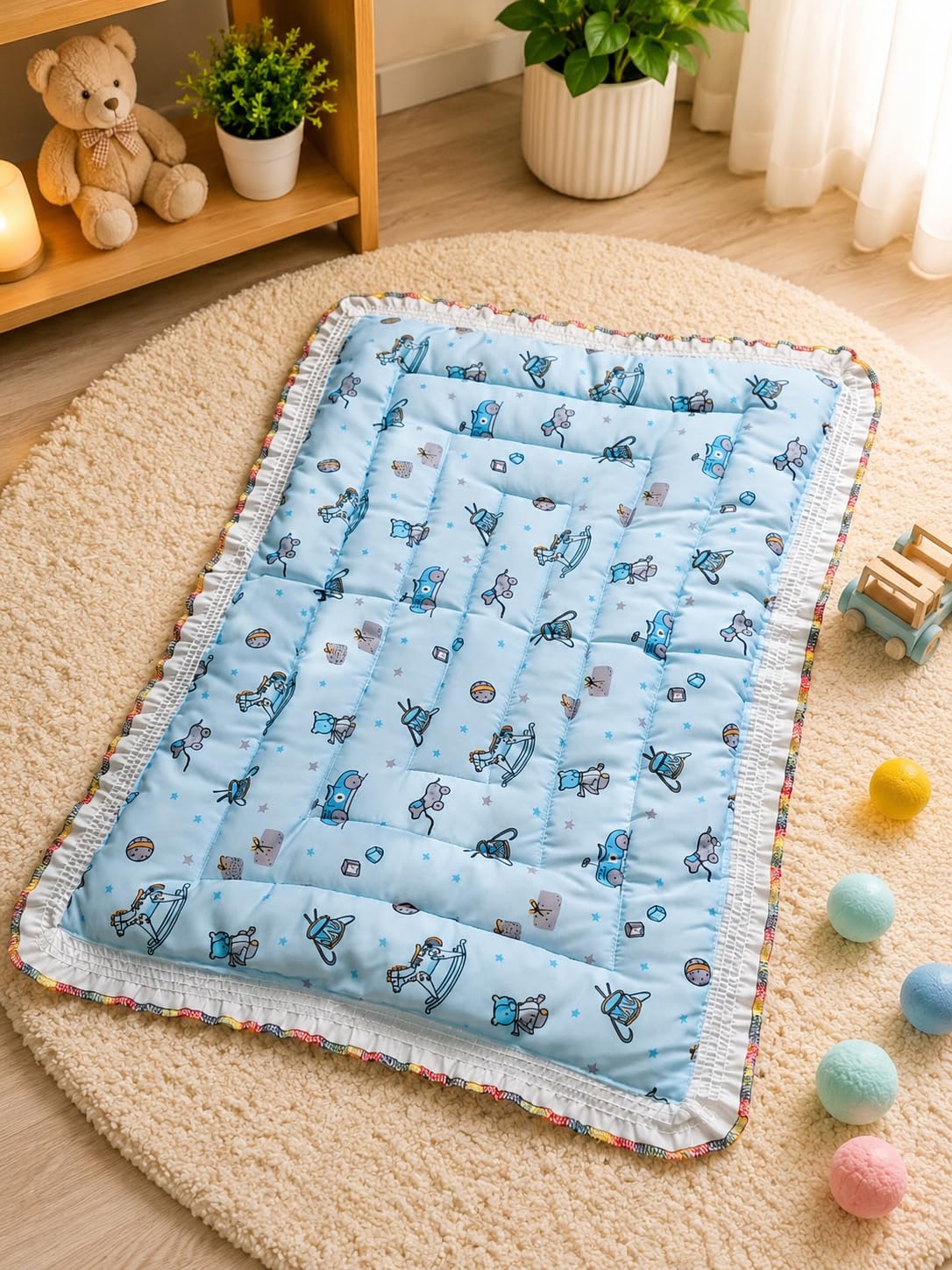 Soft Cotton Kids Godadi Cartoon Printed Kids Bedding Set with Crib Sheet & Sleeping Mat, Multicolor (Blue)-image-35