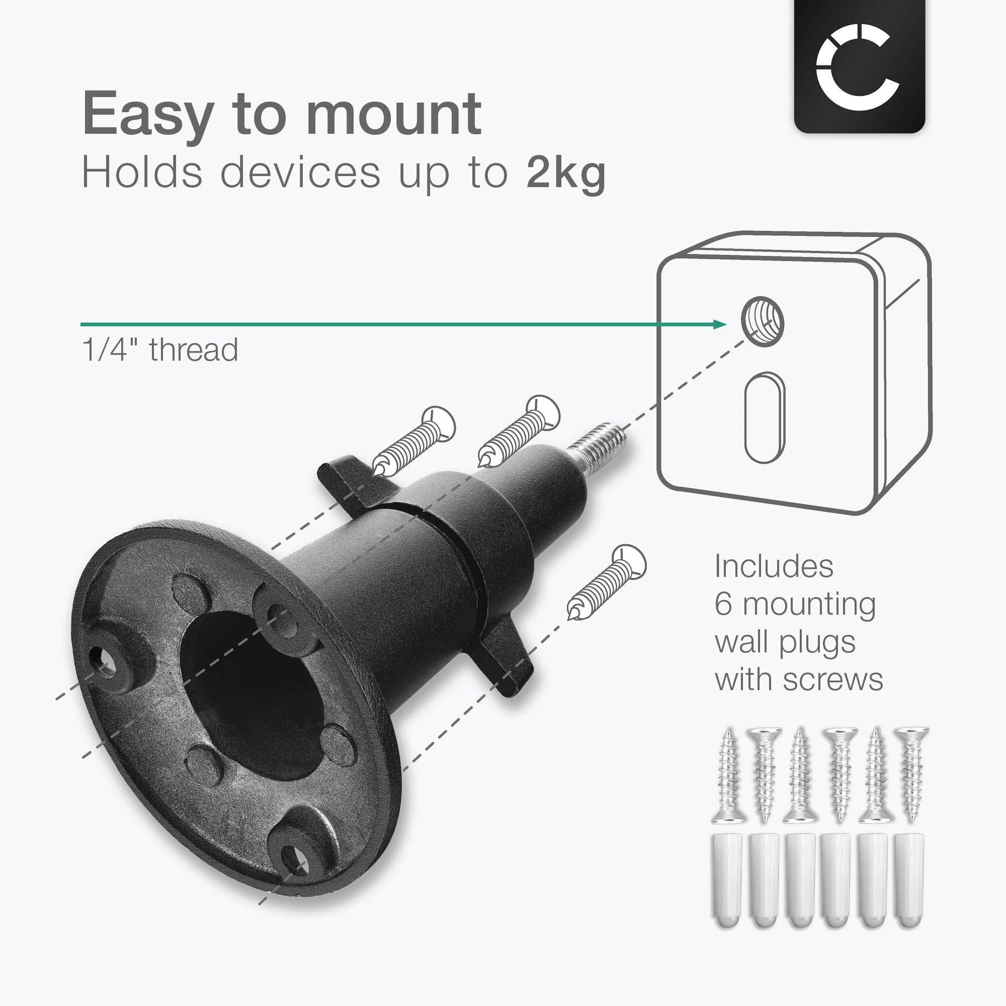 CELLONIC 2xSoporte de pared para cámara compatible con Arlo, compatible con Eufy, compatible con Wyze, Rinng Stick Up Cam & Pro Soporte giratorio de aluminio con rosca de 1/4"uso interior y exterior