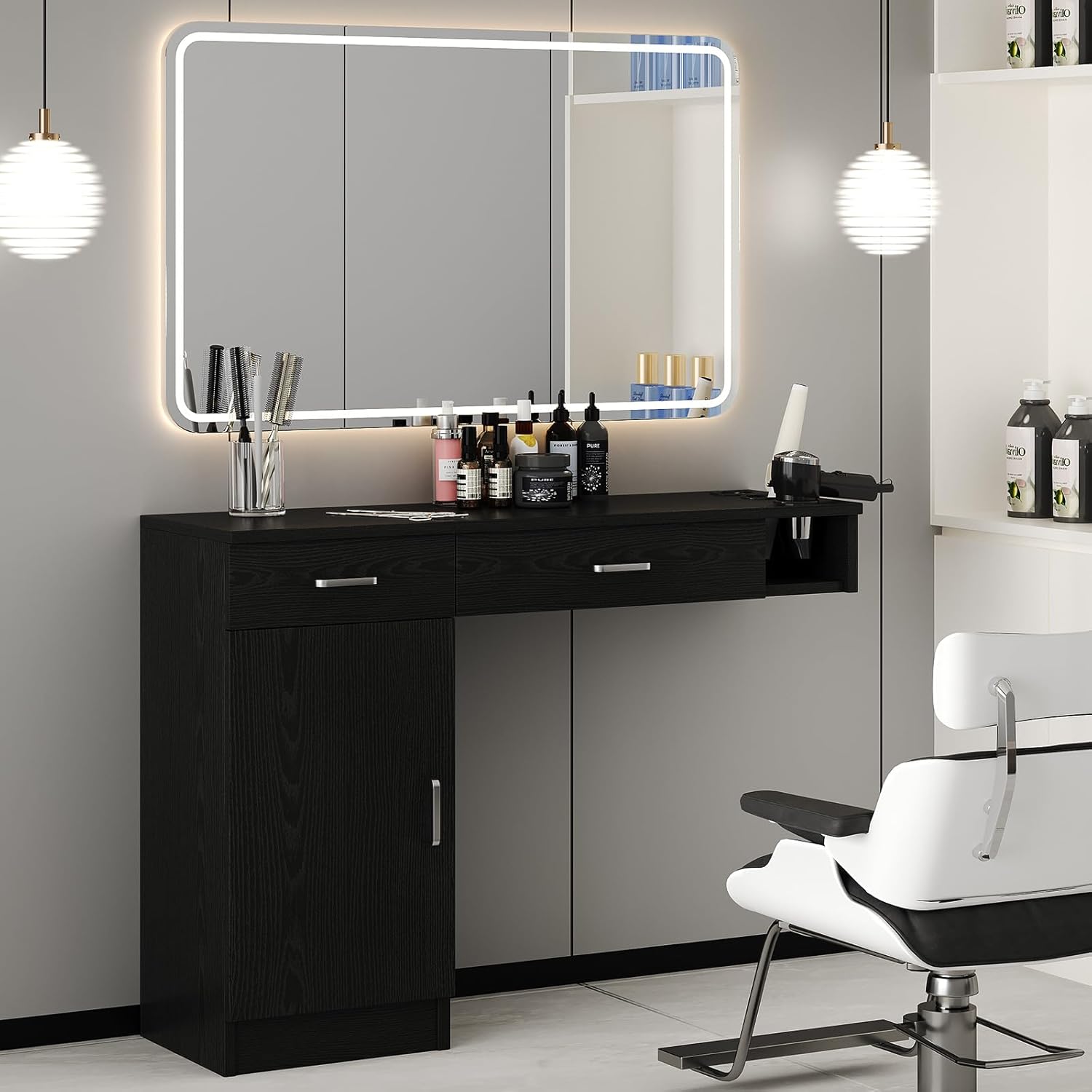 4ever2buy Salon Stations for Hair Stylist, Black Wall Mount Barber Station Hair Salon Station, Hair Styling Organizer Equipment for Salon, Spa, Barbershop, 3 Hair Dryer Holder, Mirror not Included