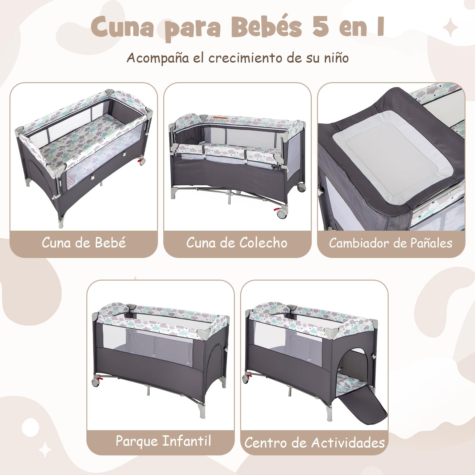 COSTWAY 5 en 1 Cuna Bebé con Ruedas Bloqueables, Cuna de Viaje con Cambiador, Juguetes Colgando, Caja de Música, Colchón y Bolsa de Transporte, Cama Infantil de 2 Niveles (Gris)