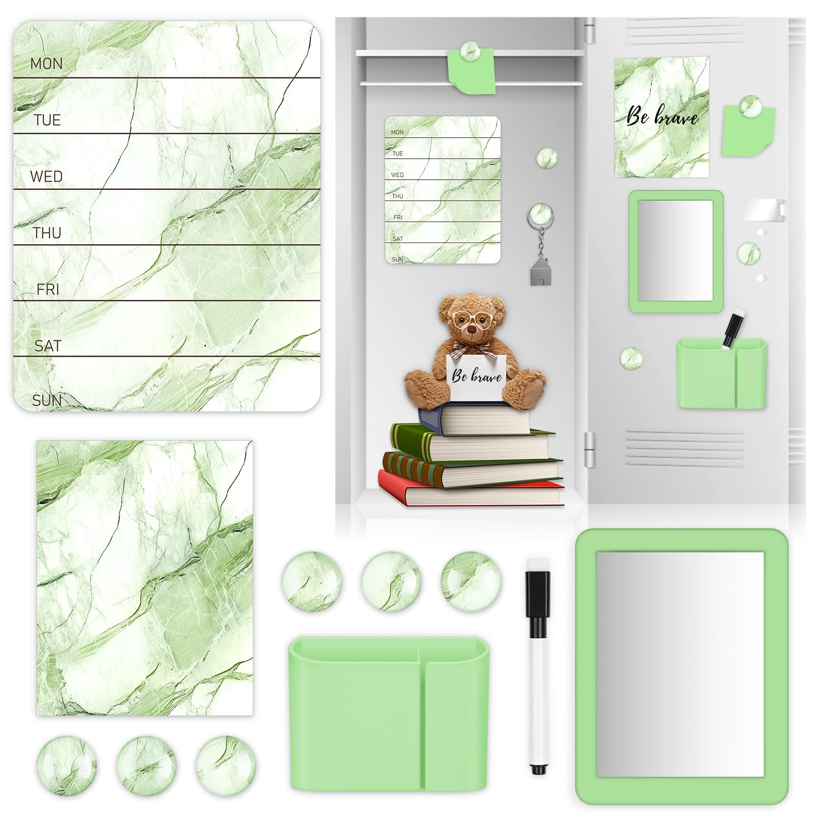 11 Pcs Green Marble Locker Accessories Kit with Magnetic Marble Whiteboard Locker Mirror and Pen Holder Marble Lockers Organizer Decorations Back to School Essentials Locker Decorations