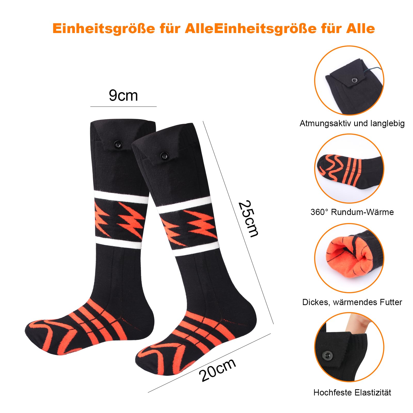 Chaussettes chauffantes pour Femme et Homme avec 5000mAh Batterie, 3 Niveaux de température, 360° Chaussettes chauffantes Rechargeables, lavables, Noir