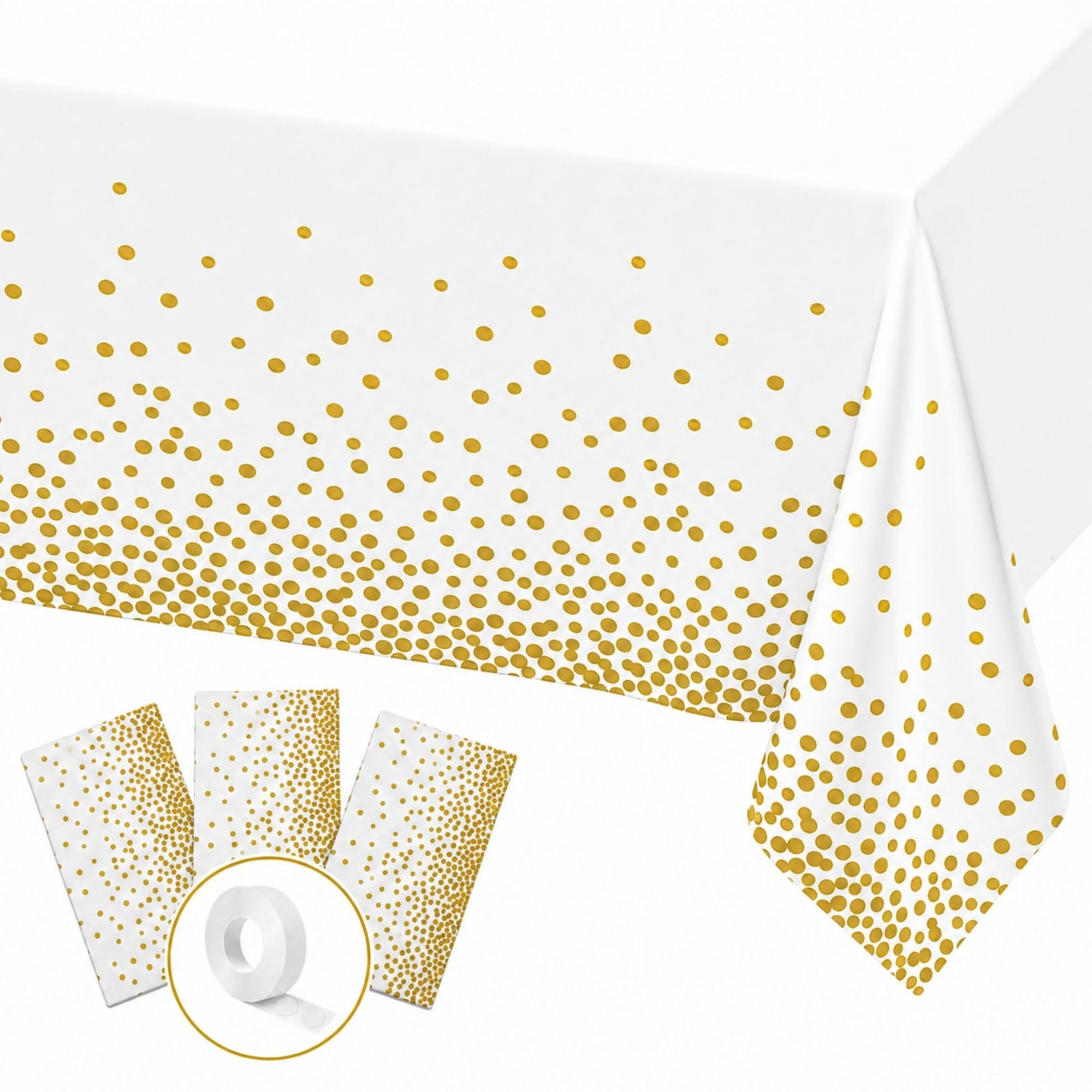 Blue Orchards White and Gold Dots Table Cover (Pack of 3 with 20 glue dots) - 54"x108" XL - Disposable Bridal Shower Tablecloth, Wedding, Graduation Decoration, Picnic &amp; Golden Birthday Party Supplies