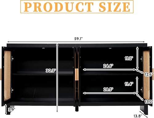 Miniatura 9 de Aparador de ratán con almacenamiento de cocina, armario de almacenamiento, mesa de consola de buffet con puertas y estante ajustable para comedor,