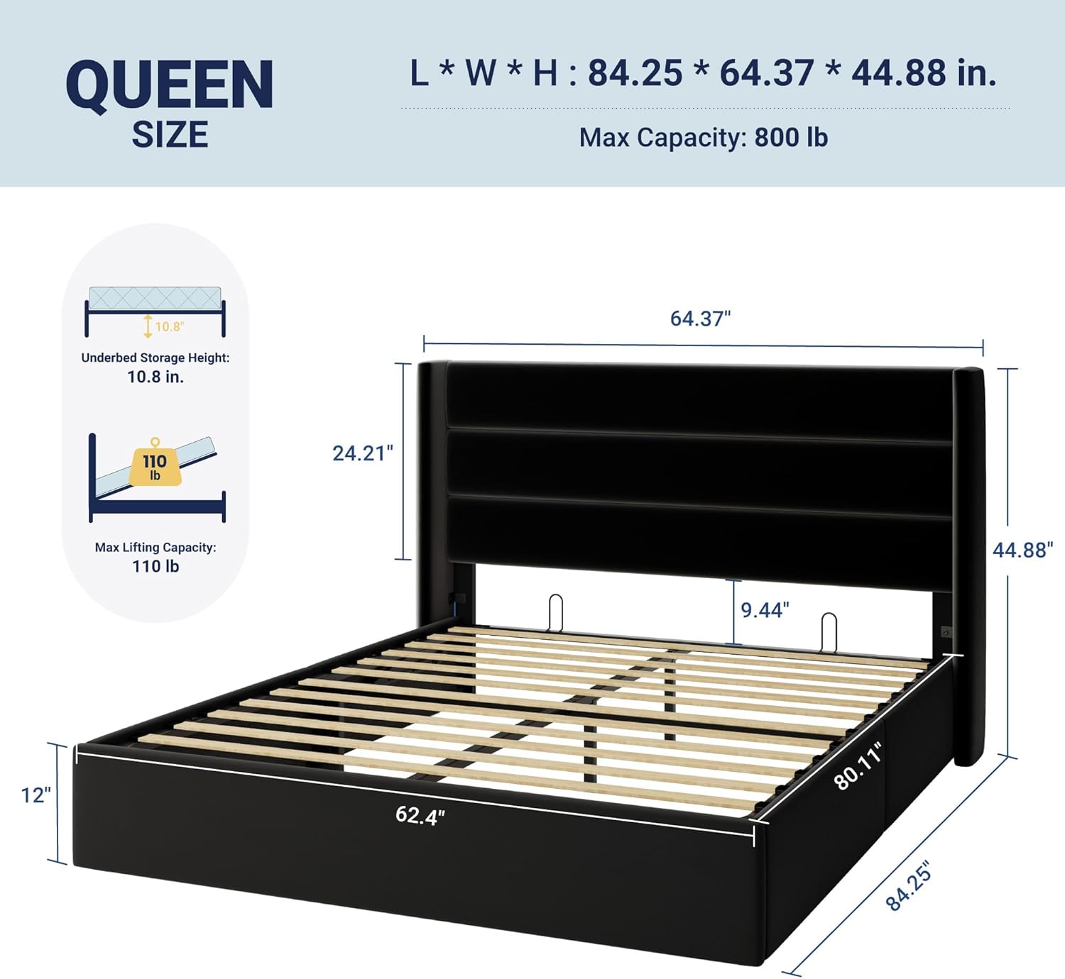 Allewie Queen Size Velvet Lift Up Storage Bed, Modern