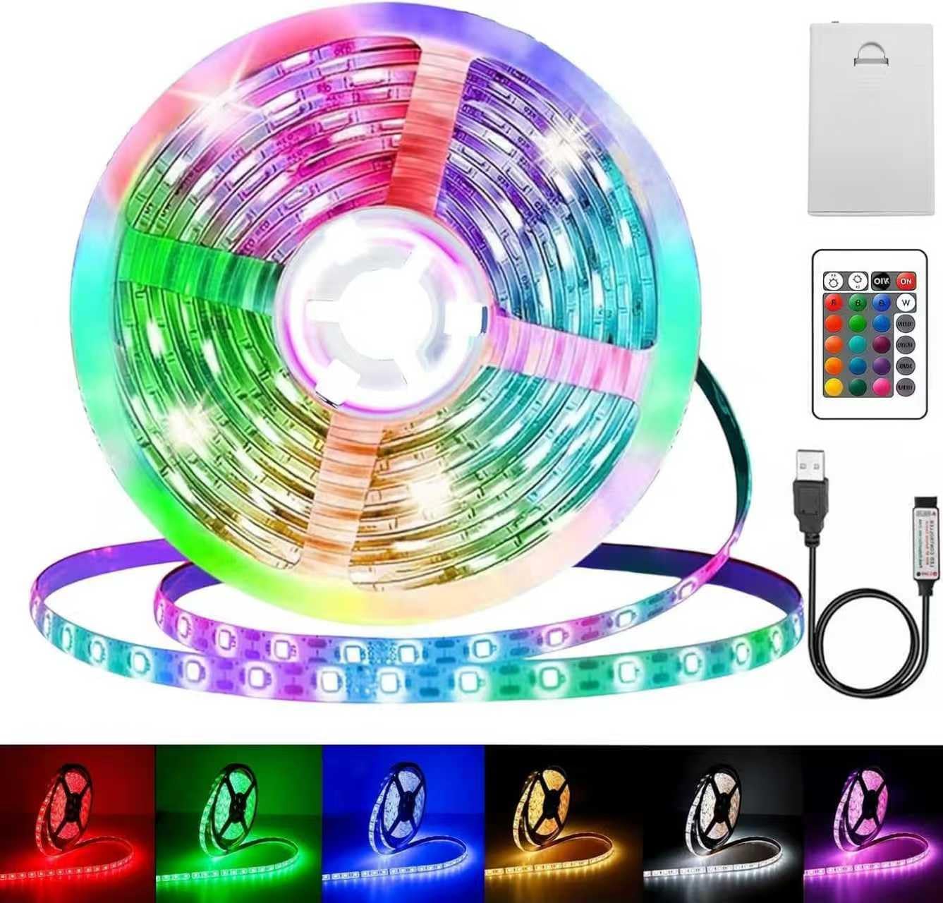 1M LED Streifen Batterie,RGB 5050 LED Strip Batteriebetrieben oder USB Batteriebetrieben,Ferndimmbar 16-Farben,Selbstklebend Lichtband mit Fernbedienung für Schränke, Treppen, Küche, Betten ﻿