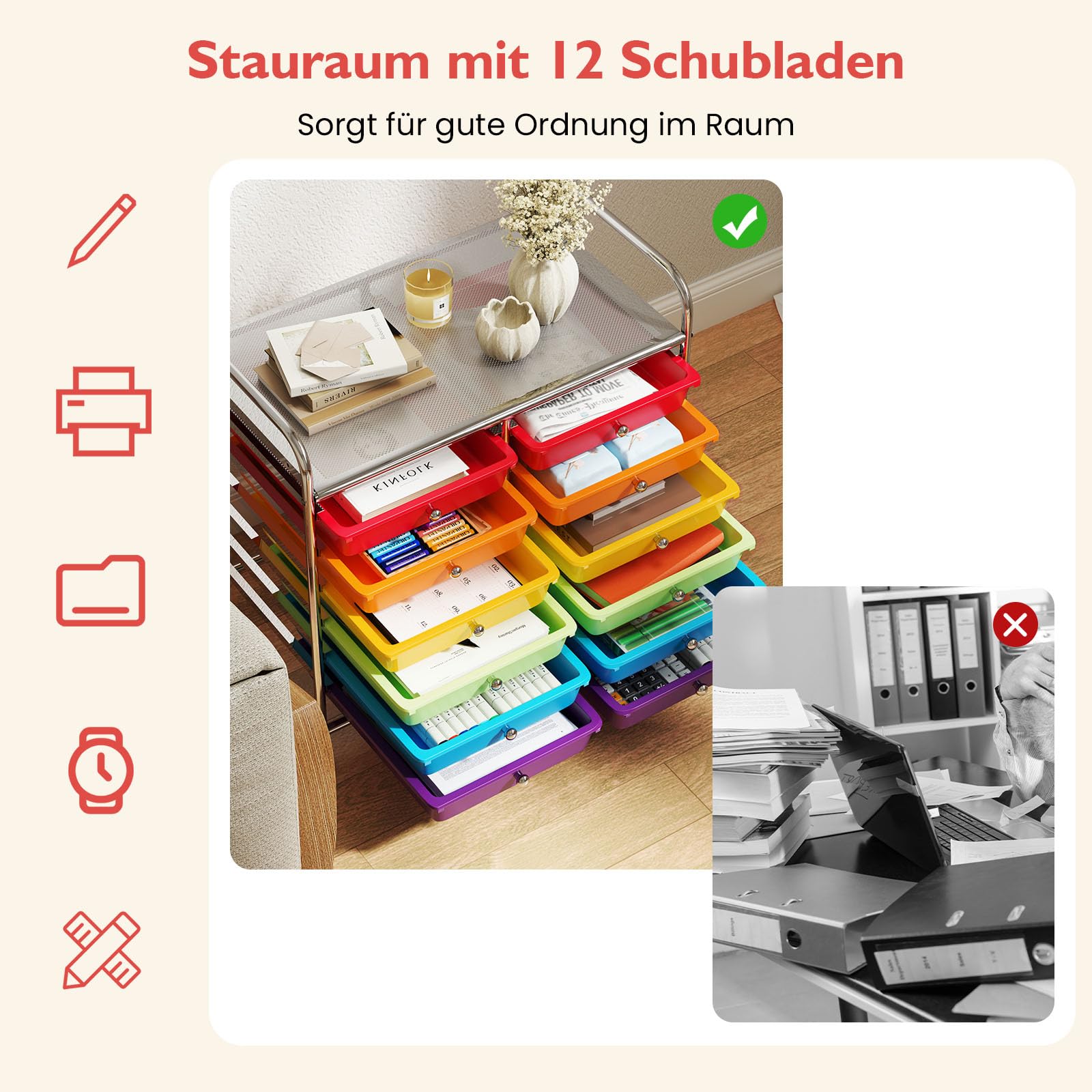 COSTWAY Rollwagen mit 12 stapelbaren Schubladen, Schubladenwagen (Bunt)