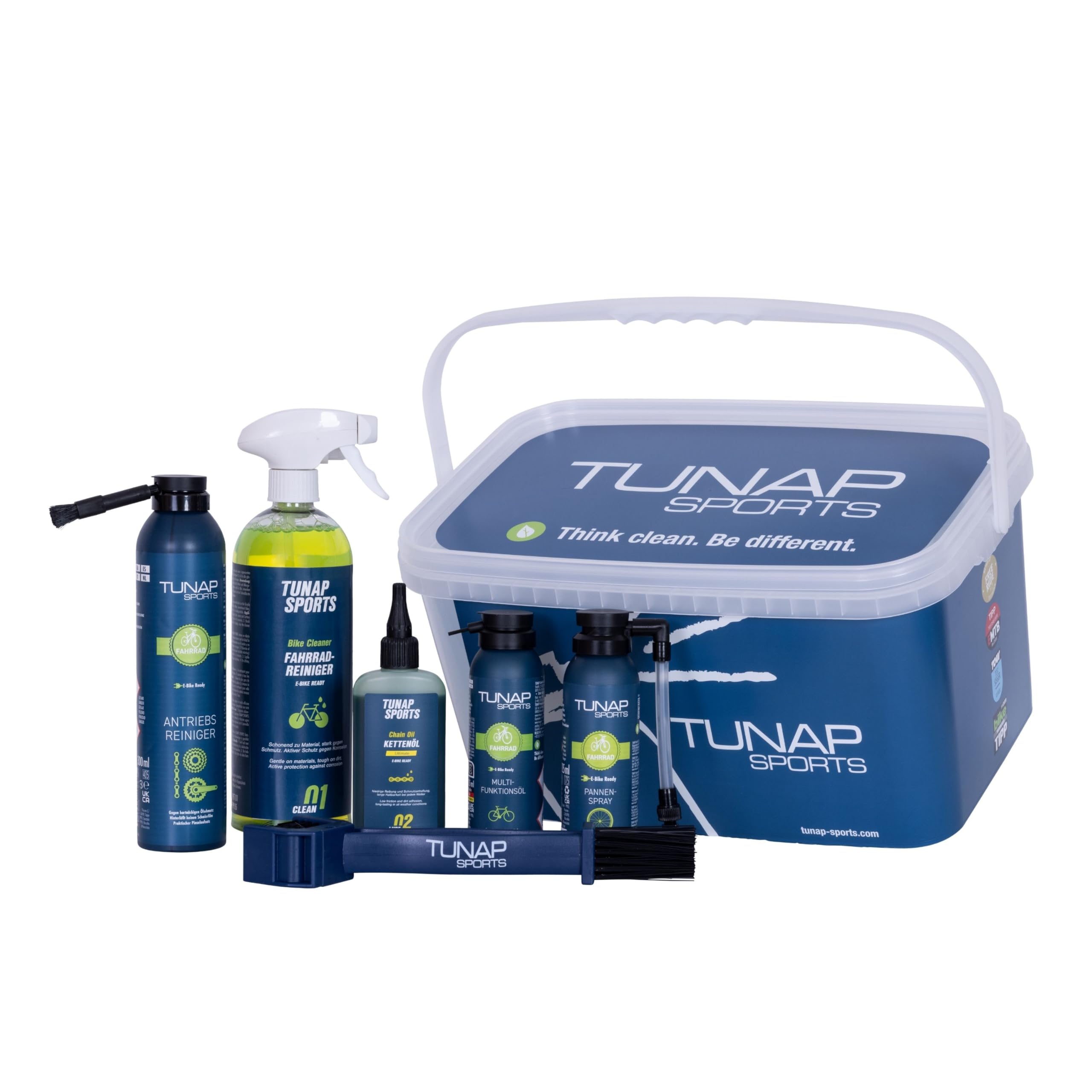 TUNAP SPORTS E-Bike Pflege- & Reinigungs-Set | All-in-One Wartungsset für Kette, Rahmen & Reifen | inkl. Kettenöl, Reiniger, Pannenspray, Multiöl, Kettenbürste & Wascheimer | Wirkt einfach besser!