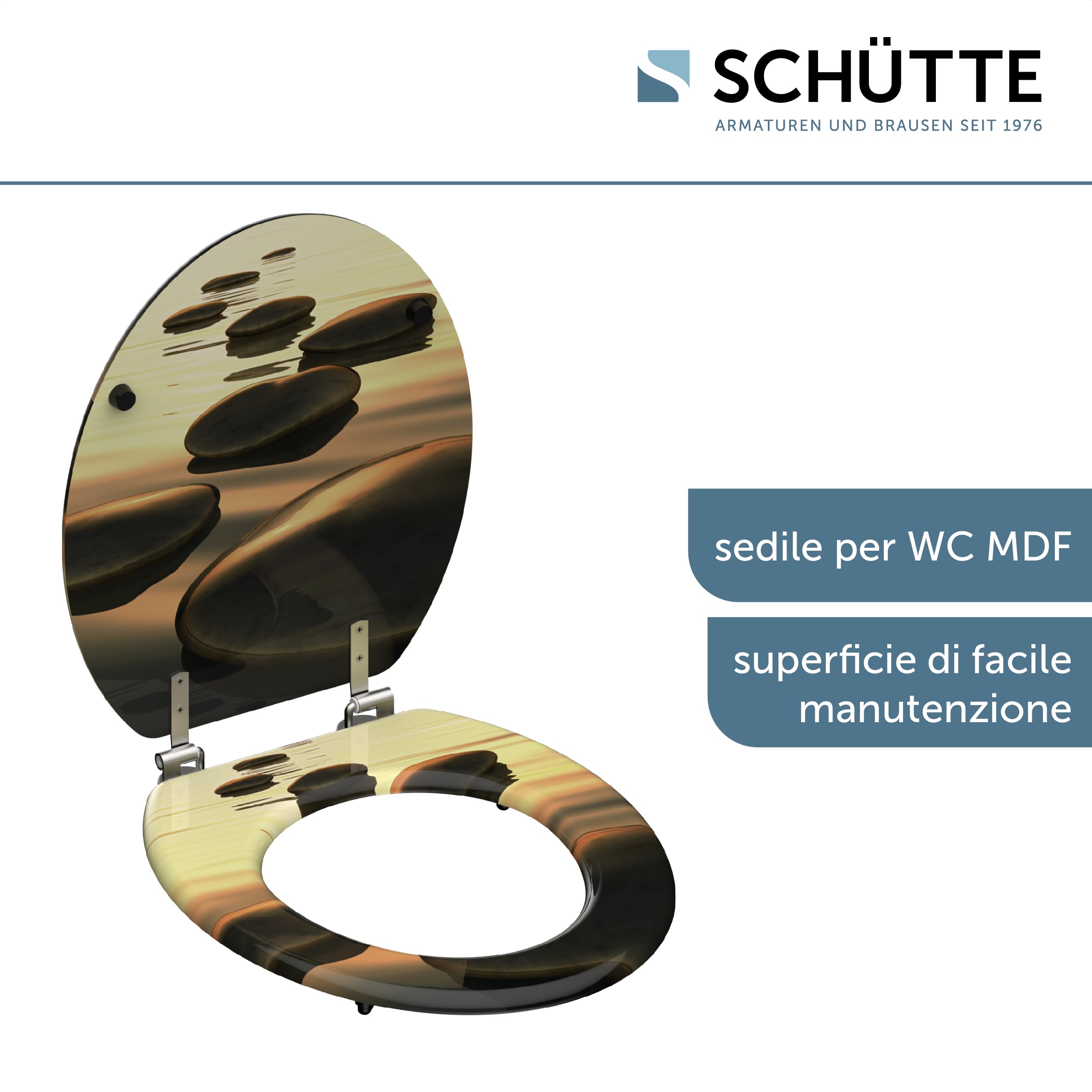 Schütte Sedile Anima in Legno Sea Stone, Adatto per Molti WC in Commercio, Carico Massimo degli occhialini 150 kg, Motivo Pietre su Occhiali e Coperchio 80027