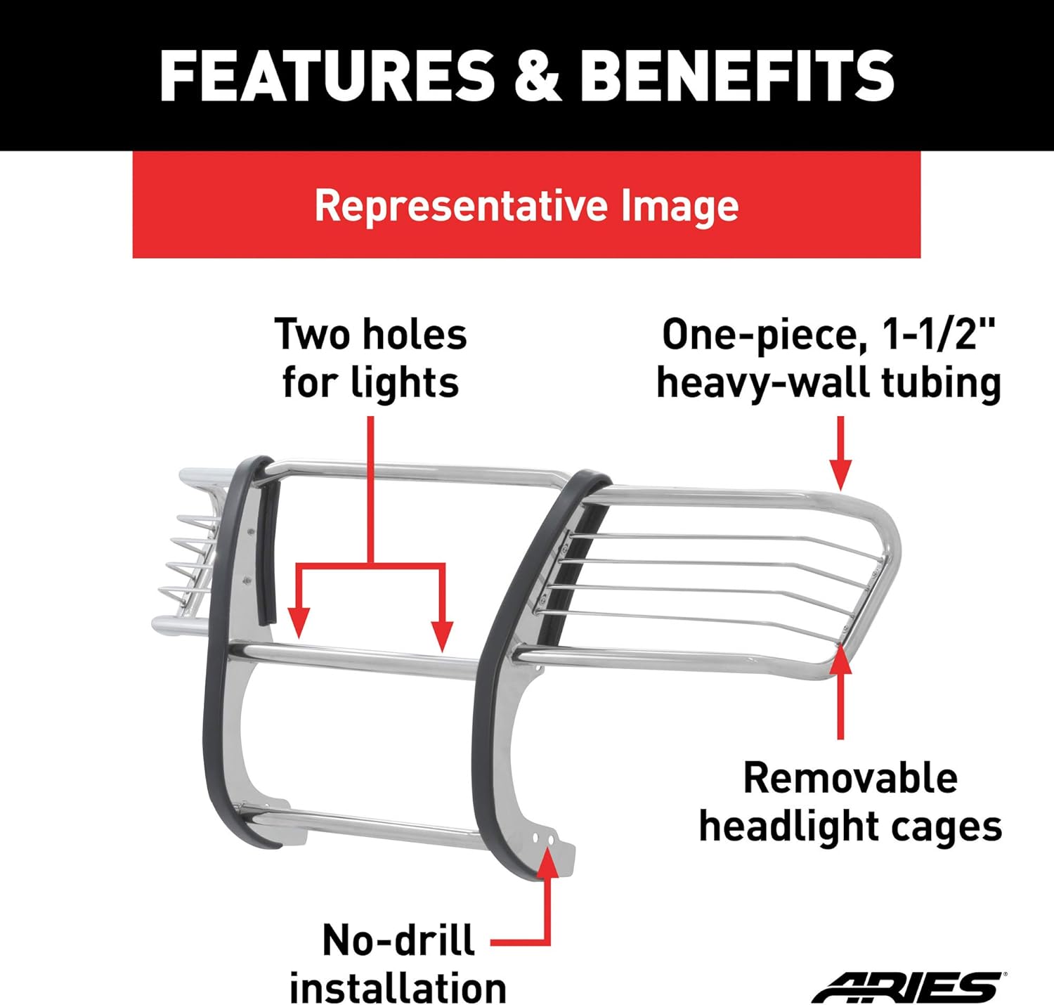 ARIES 3045-2 1-1/2-Inch Polished Stainless Steel Grille Guard, No-Drill, Select Ford Excursion, F-250, F-350 Super Duty
