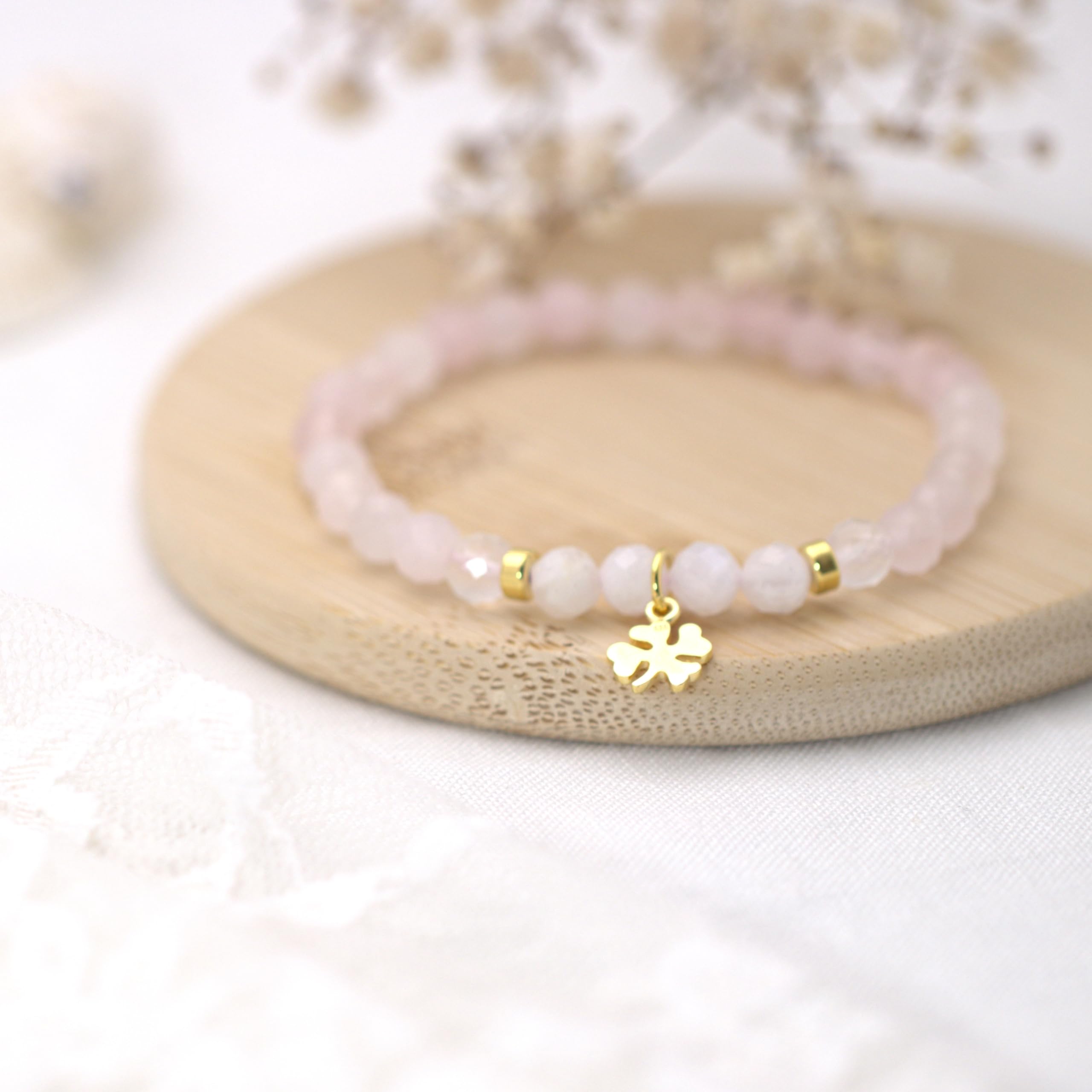 Glücksarmband Damen aus echten Natursteinen mit Kleeblatt, Glücksbringer-Geschenk, Talisman, Silber, Gold- oder Rosègold plattiert