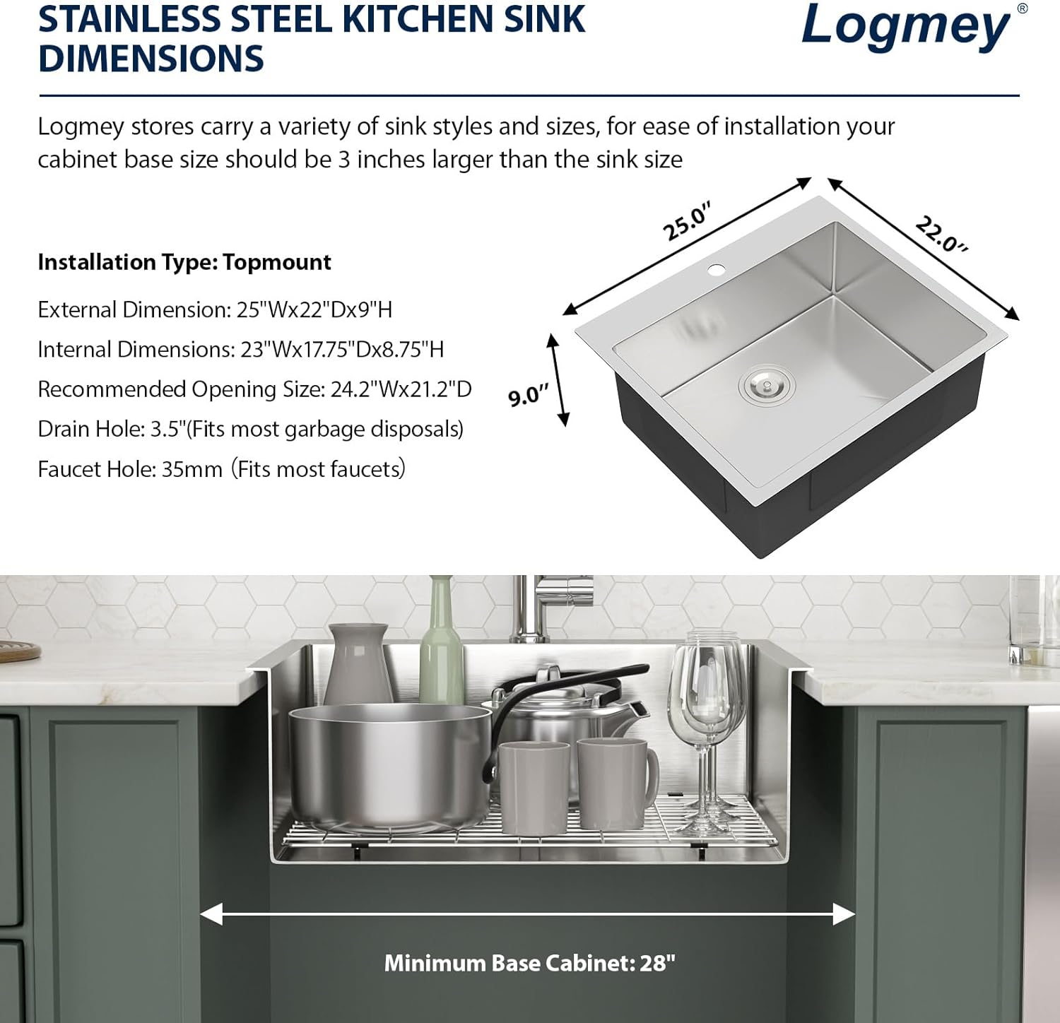 Logmey 25 Inch Drop In Kitchen Sink 25x22 In Handmade Stainless Steel Kitchen Sinks 16 Gauge Topmount Sink Single Bowl Round Corner Sink Bar Sink Prep 25x22x9 Inches