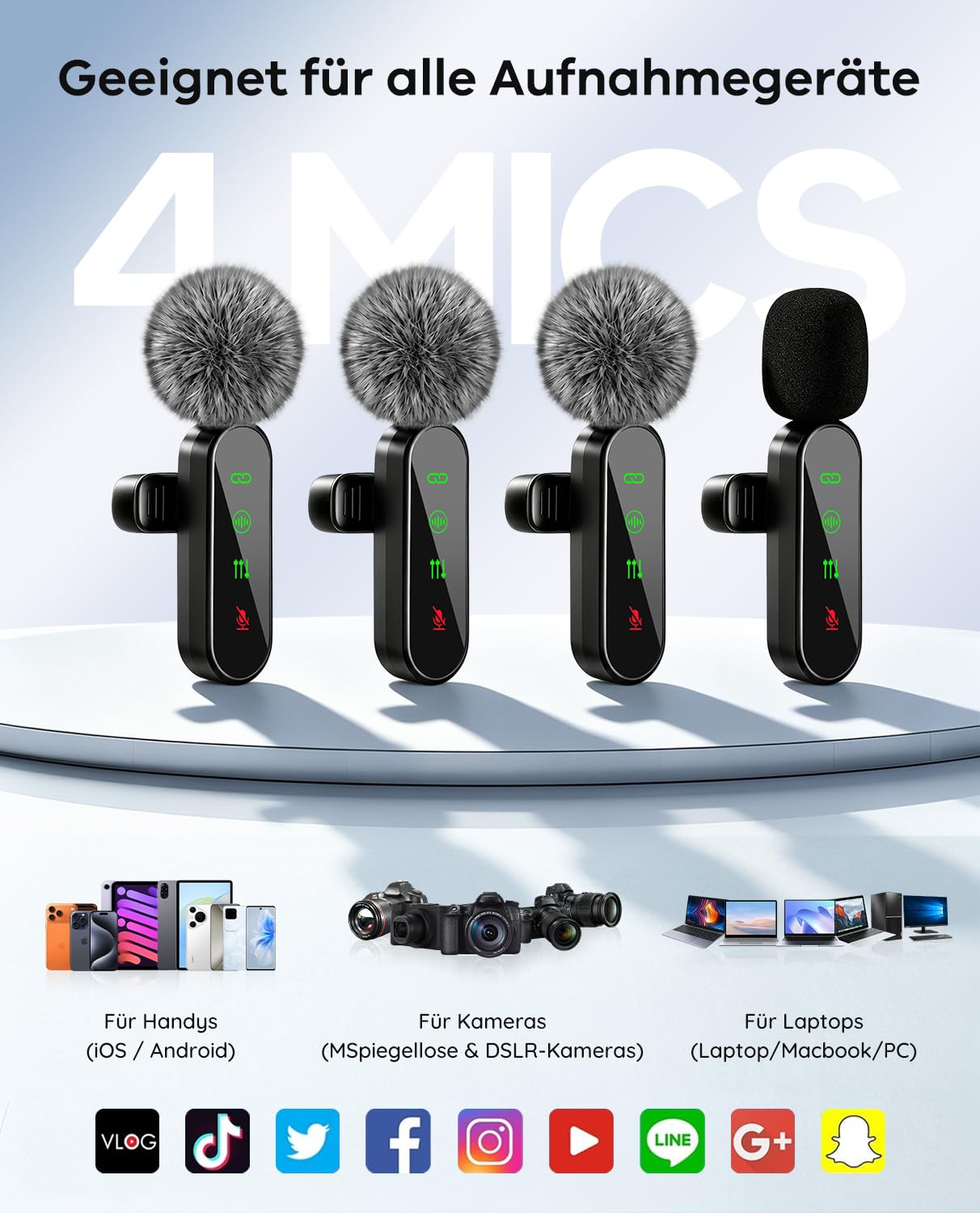 4er-Set kabelloses Lavalier Mikrofon für iPhone und Android-Handy | Mini Ansteckmikrofon mit Rauschunterdrückung für Kamera, Computer, YouTube, TikTok, Vlog, Podcasts und Live-Streaming