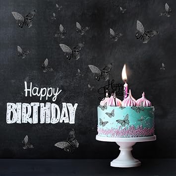 Black Butterfly Cake Decorations, 24 Pcs 3D Cutout Butterfly Cake Topper for Birthday Party, Wedding Bouquet or Wall Sticker Decoration, 3 Sizes Includes, with 1 Piece Happy Birthday Sign