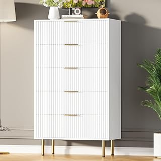 IDEALHOUSE Fluted Dresser for Bedroom,5 Drawer Dresser with Wide Drawers,Wooden Chest of Drawers,Modern Storage Dressers for Living Room, Closet, Hallway,Entryway