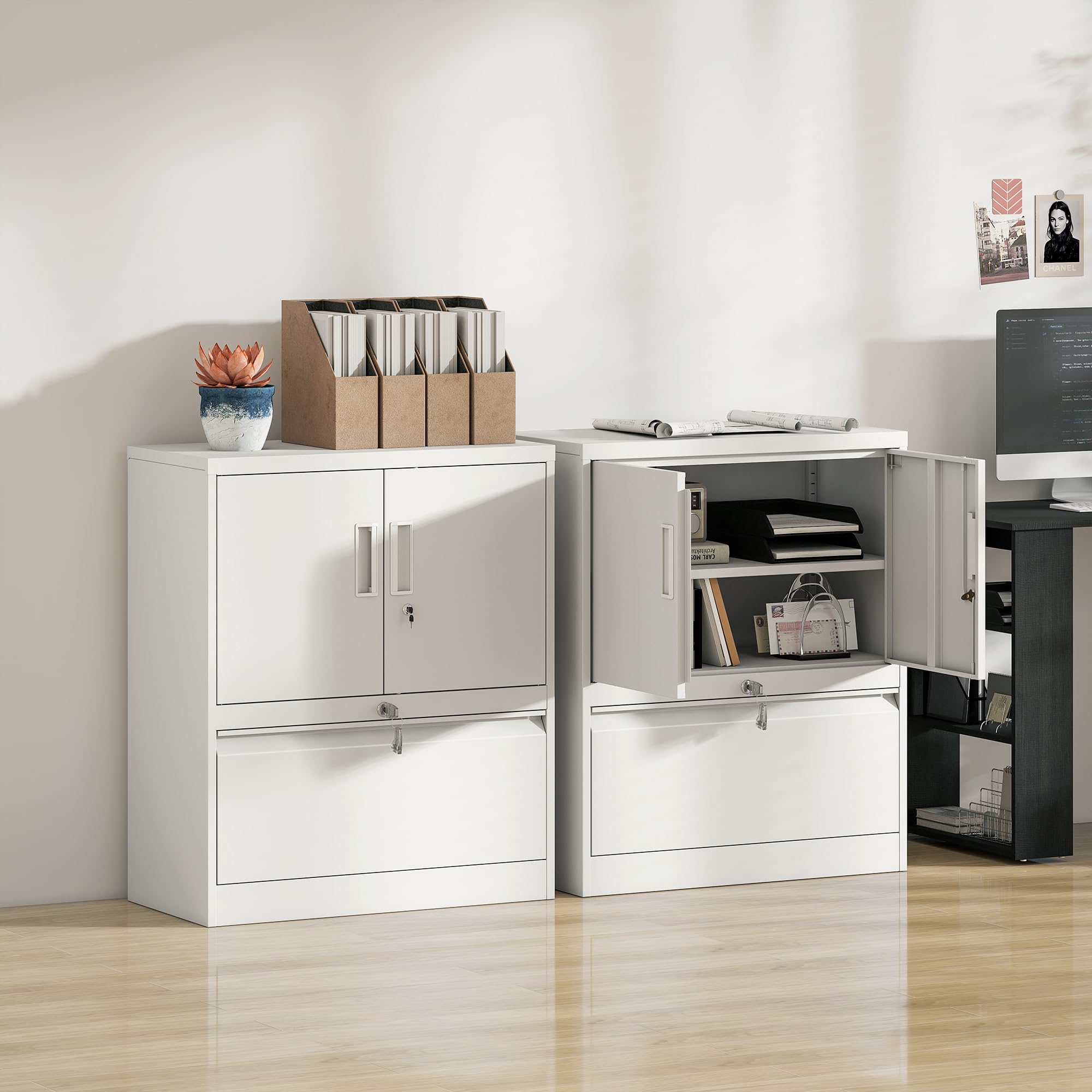 HOMCOM Aktenschrank Büroschrank Abschließbar Mehrzweckschrank aus Stahl Aufbewahrungsschrank mit Schublade, 2 Türen, Verstellbaren Regalen, Schrank Lagerschrank Allzweckschrank Weiß