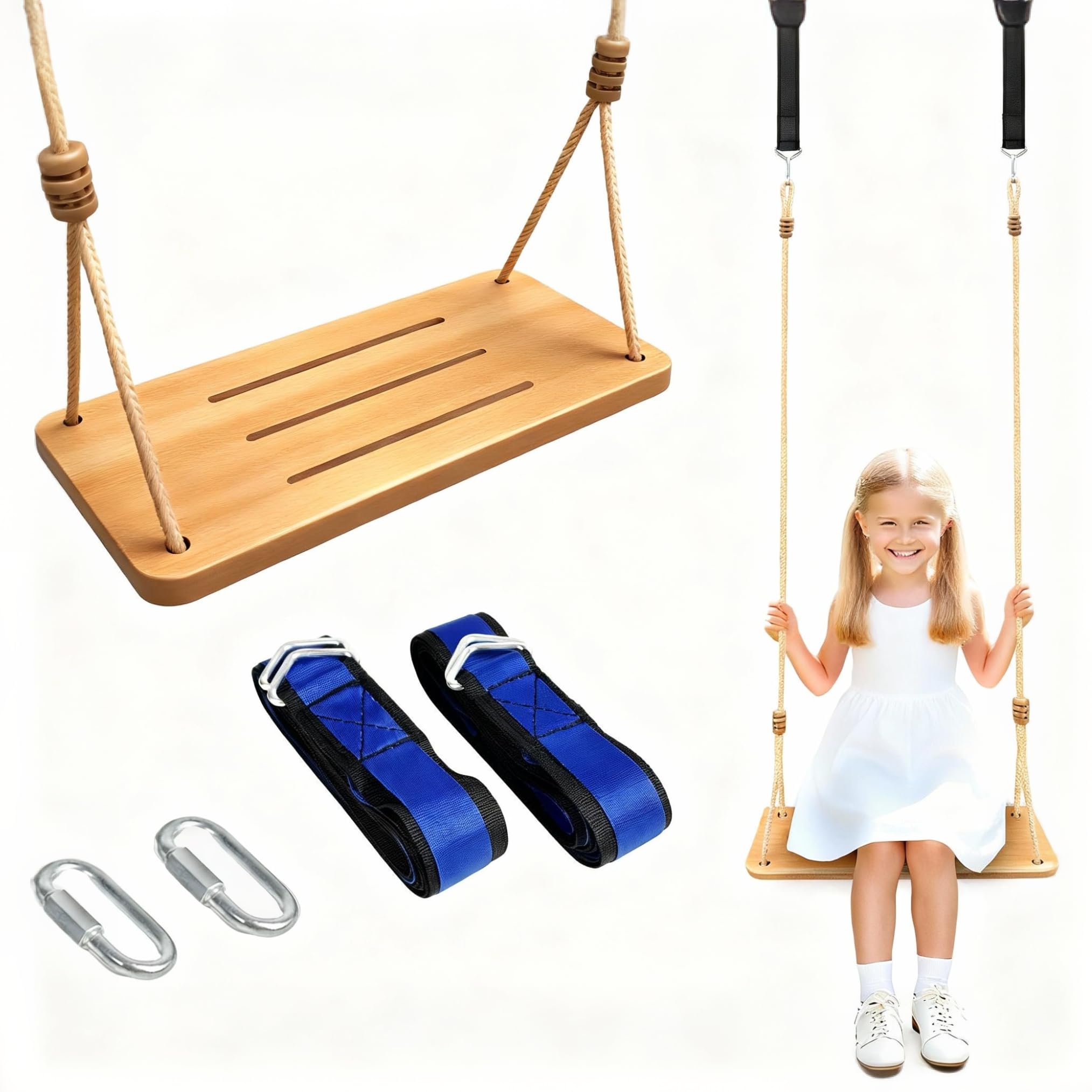 500LBS Waterproof Wooden Swing Seat Hermetic Oil Sealing for Outdoor Indoor, 16" x 7" x 0.8" Adjustable Hanging Tree Straps for Adults &amp; Kids, Bamboo Wood Swing Set Accessories for Backyard Playground